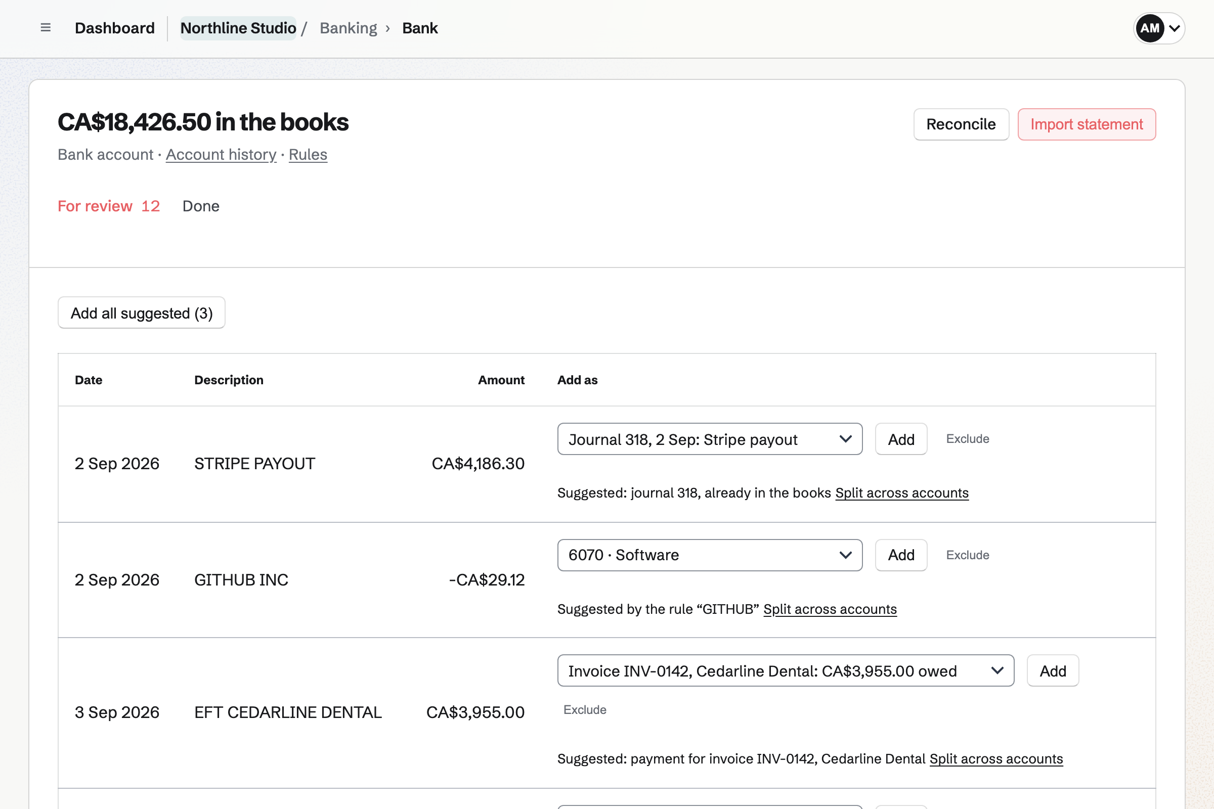 Bank account For review list for a fictional studio, with last month’s imported transactions and three suggested: a Stripe payout already in the books, an invoice payment and a rule’s account.