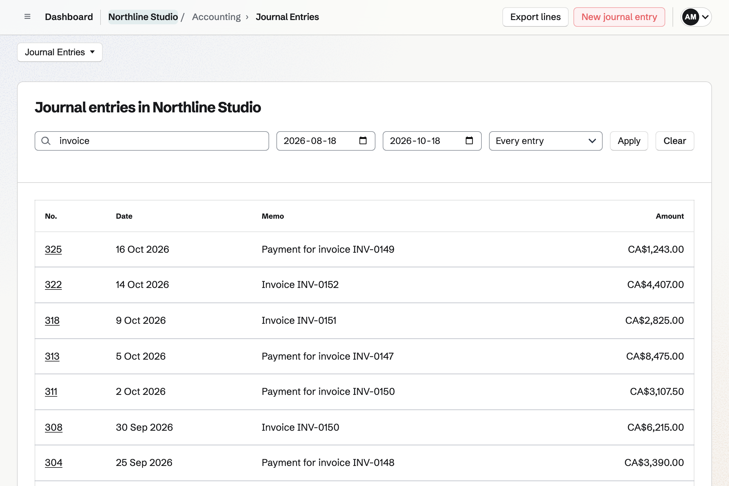 Journal Entries for a fictional studio, narrowed to the invoices issued and payments received in the last two months, each with its journal number, date and amount.