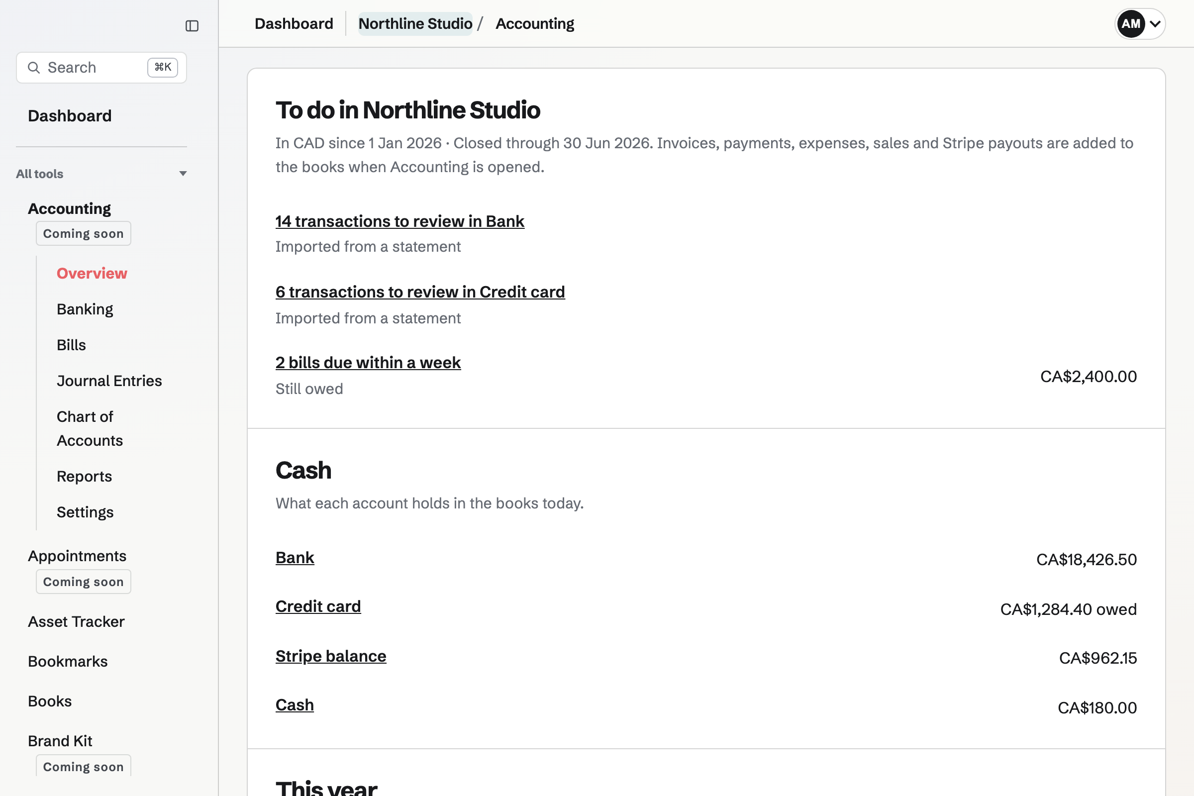 Accounting overview for a fictional studio with transactions to review, bills due, cash by account and this year’s income.