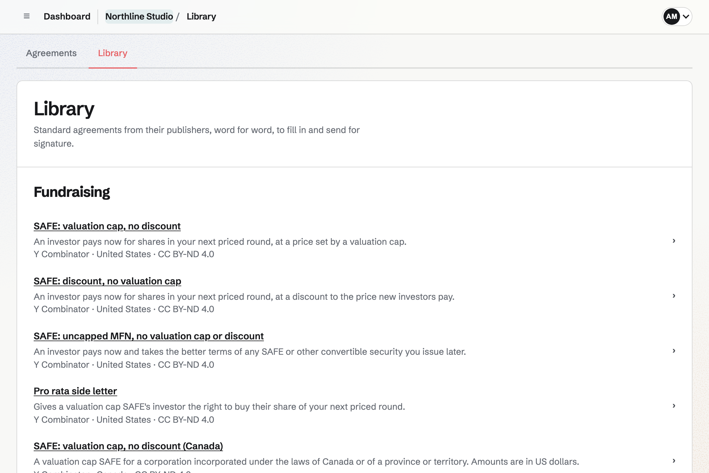 Agreements Library with the Fundraising group listing Y Combinator SAFEs and the pro rata side letter, each with a description, publisher, country and licence.