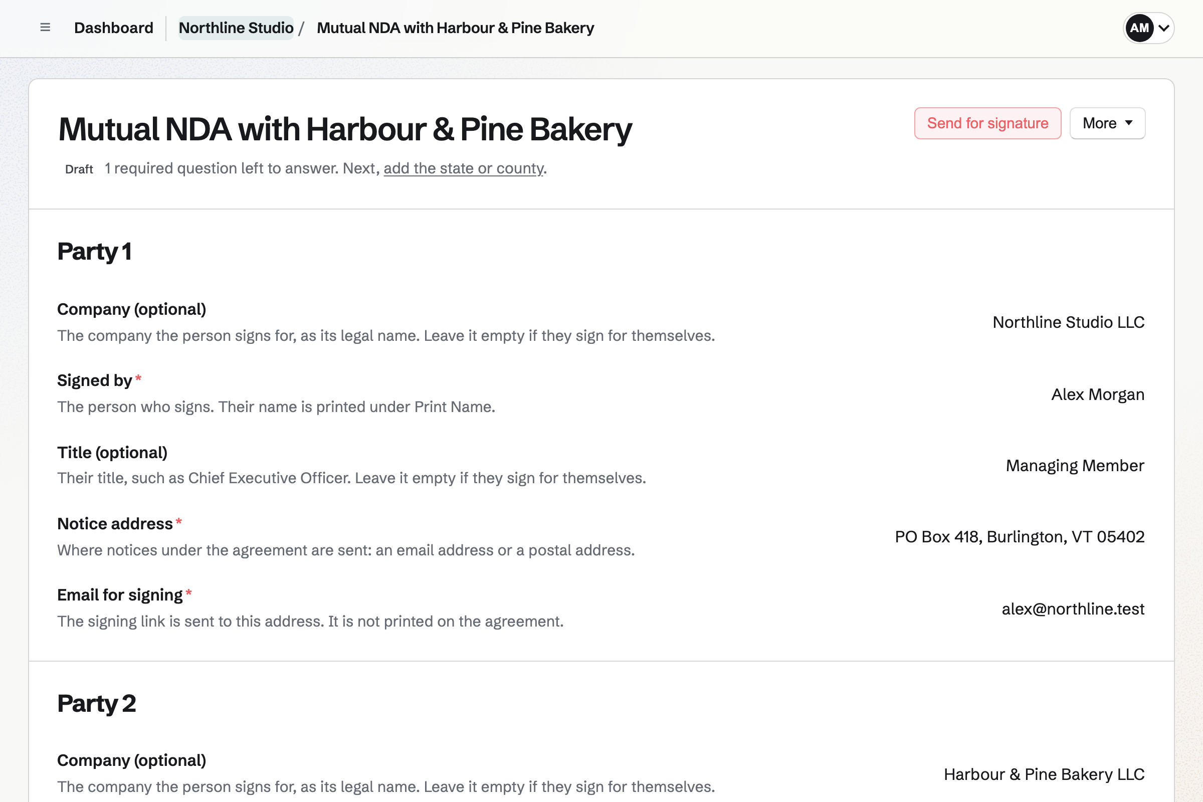 Agreement page for a draft mutual NDA between Northline Studio and Harbour & Pine Bakery, with one question left to answer and Party 1 answers for the company, signer, title, notice address and signing email filled in.