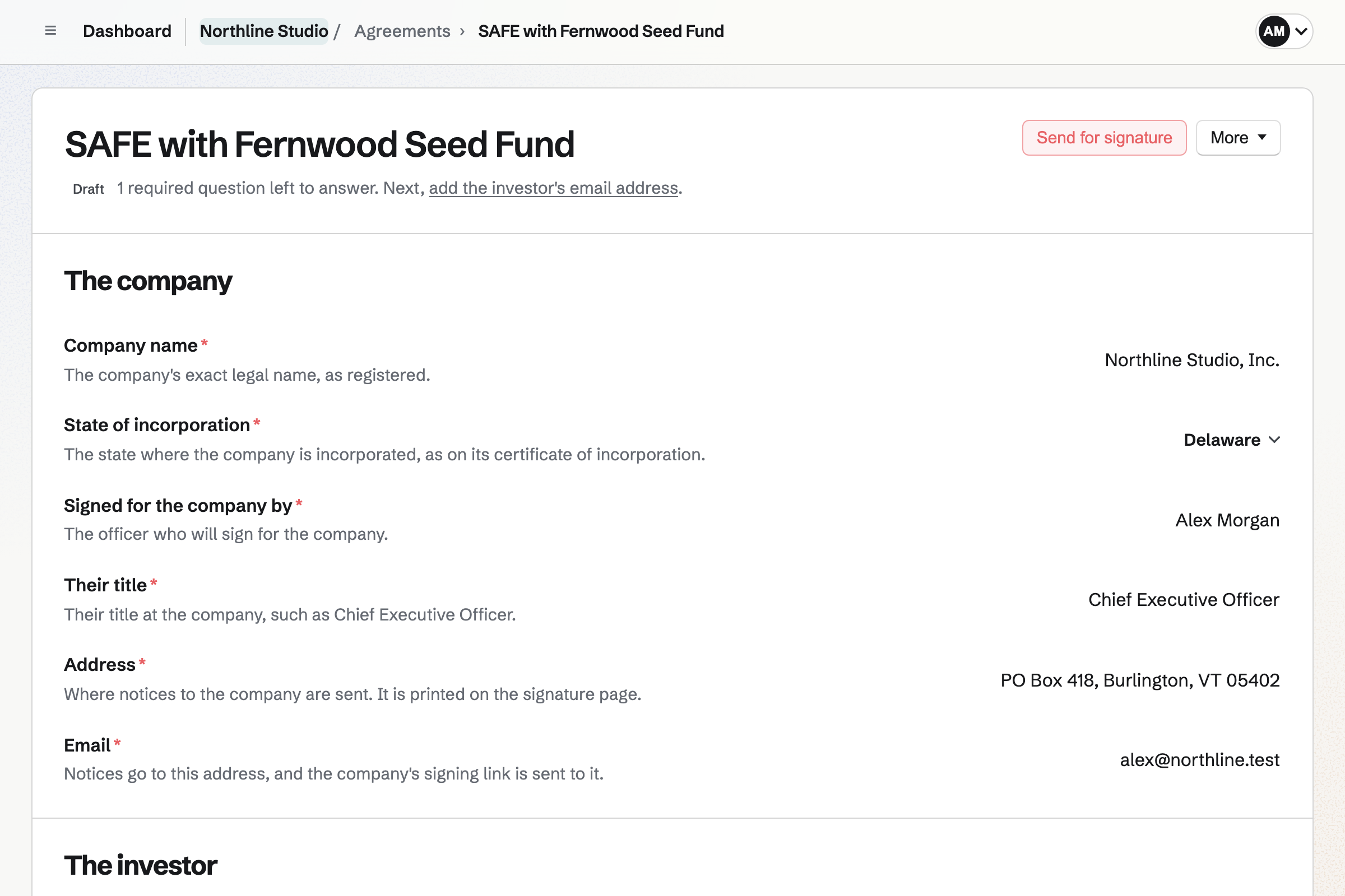 A draft post-money SAFE between Northline Studio, Inc. and Fernwood Seed Fund I, L.P., with the company’s answers filled in and the investor’s email the one question left.