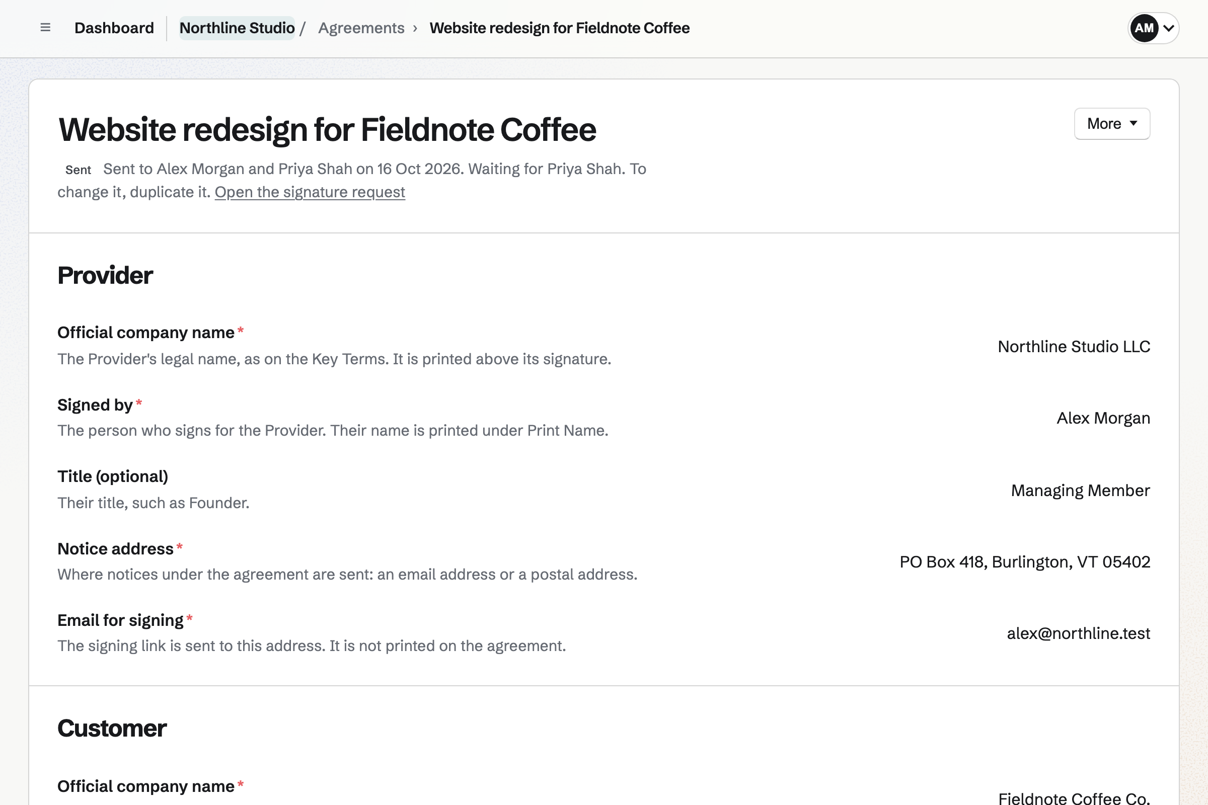 Northline Studio’s professional services agreement with Fieldnote Coffee, sent for signature: Alex Morgan has signed, Priya Shah has yet to, and the answers are frozen.