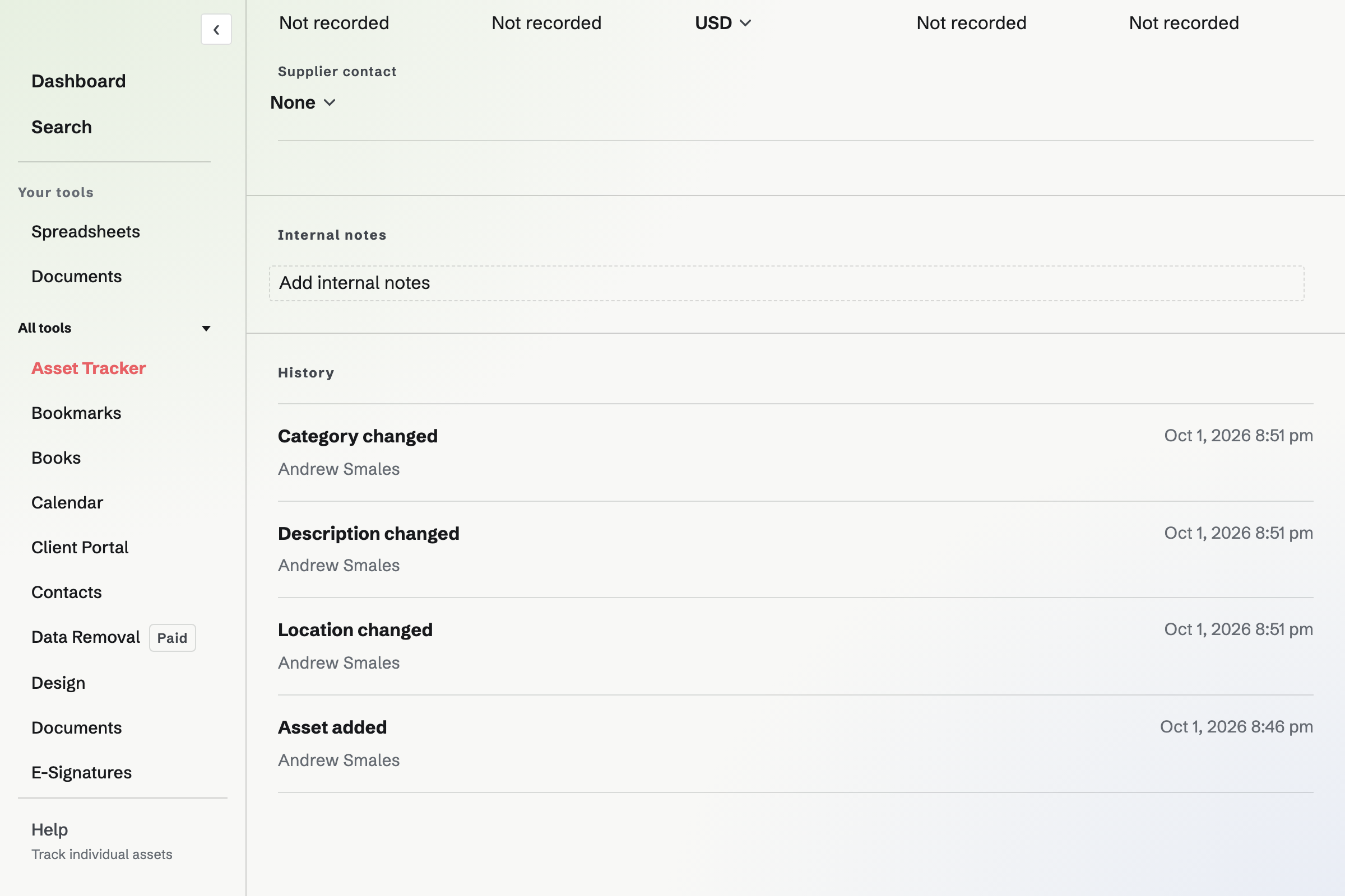 History section of an asset record showing dated activity entries.