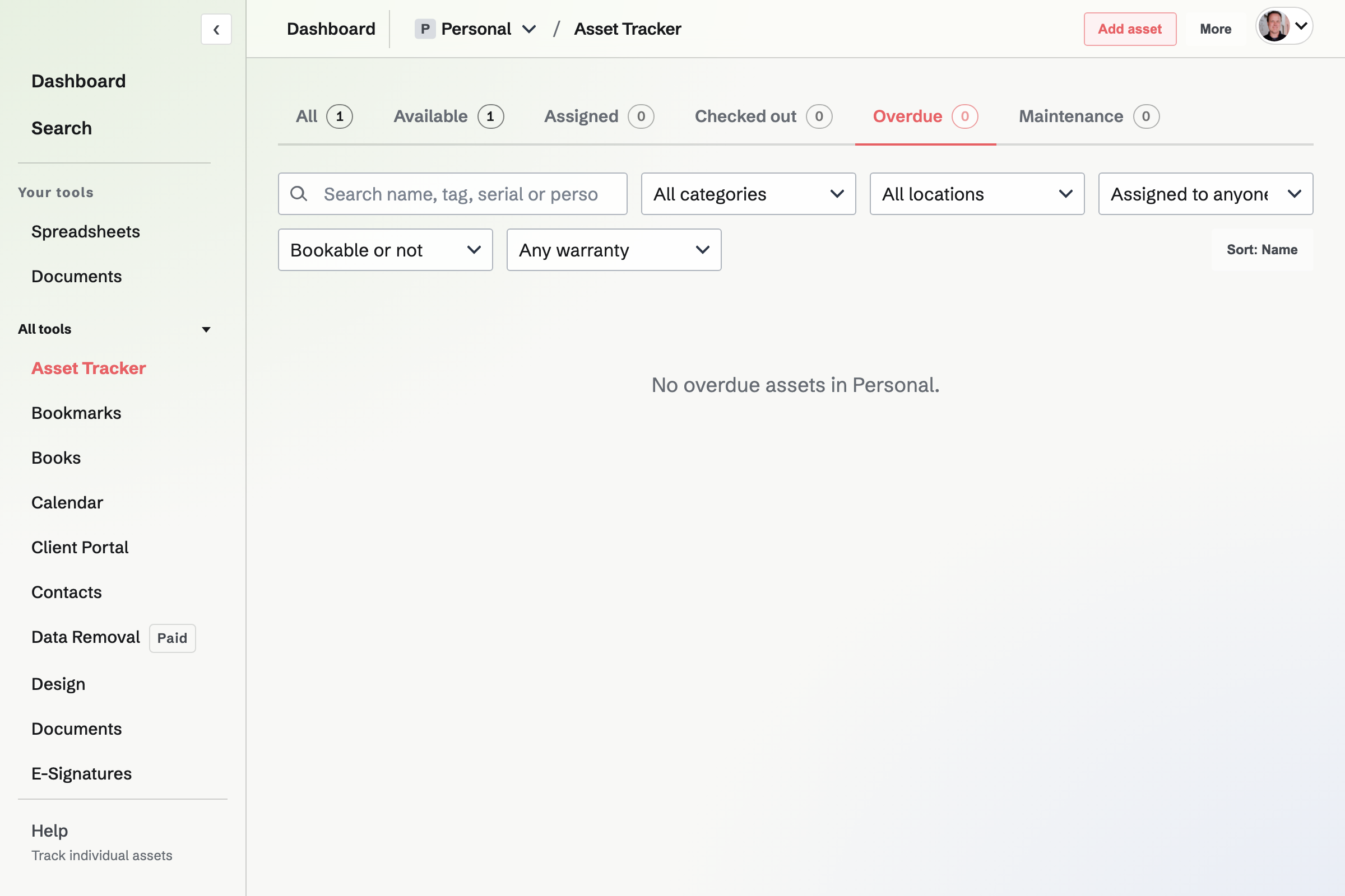 Asset list with the Overdue tab selected and columns for asset, status, person, location and category.