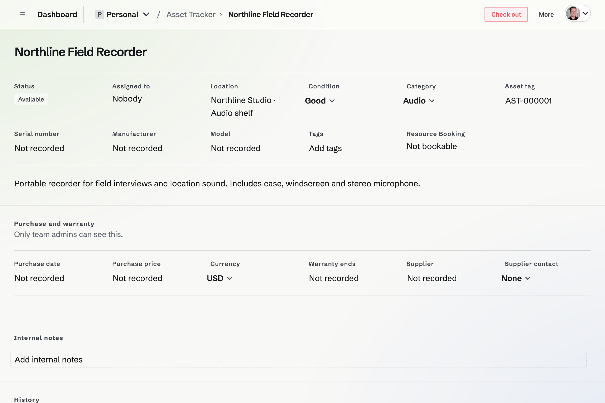 Northline Field Recorder asset record showing its availability, Audio category, studio location and asset tag.