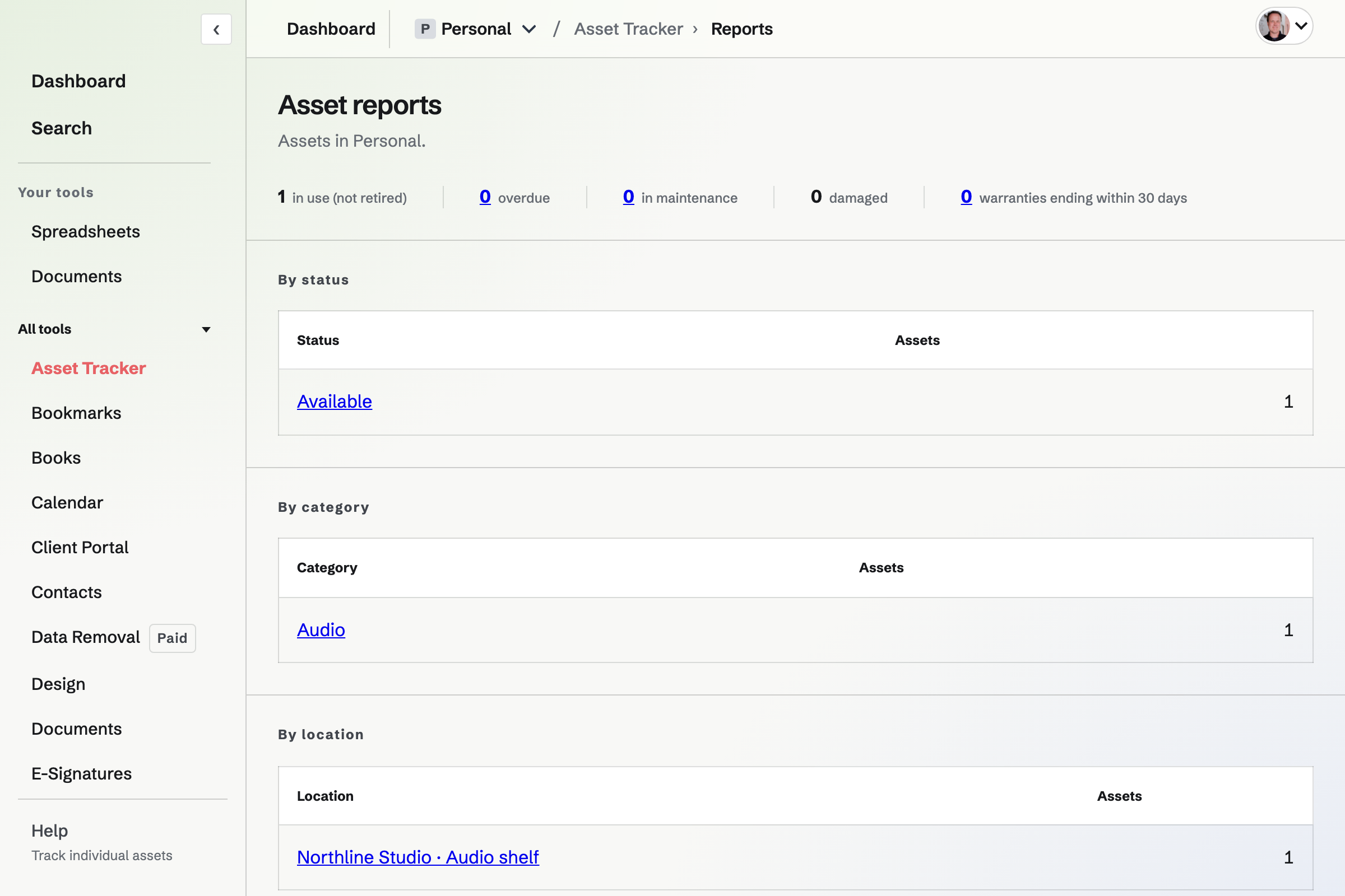 Asset reports showing summary counts and assets grouped by status, category and location.