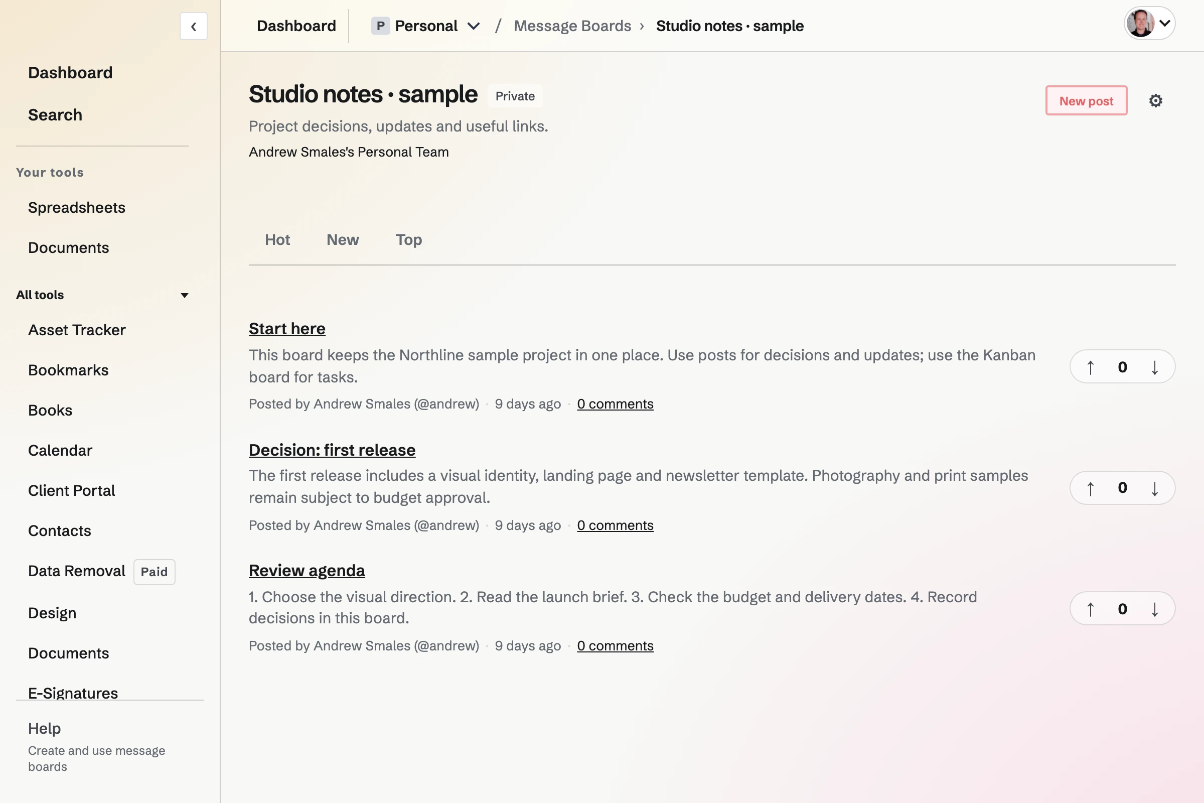 A private Message Board with its posts, each with votes and a comment count, and Hot, New and Top sorting.