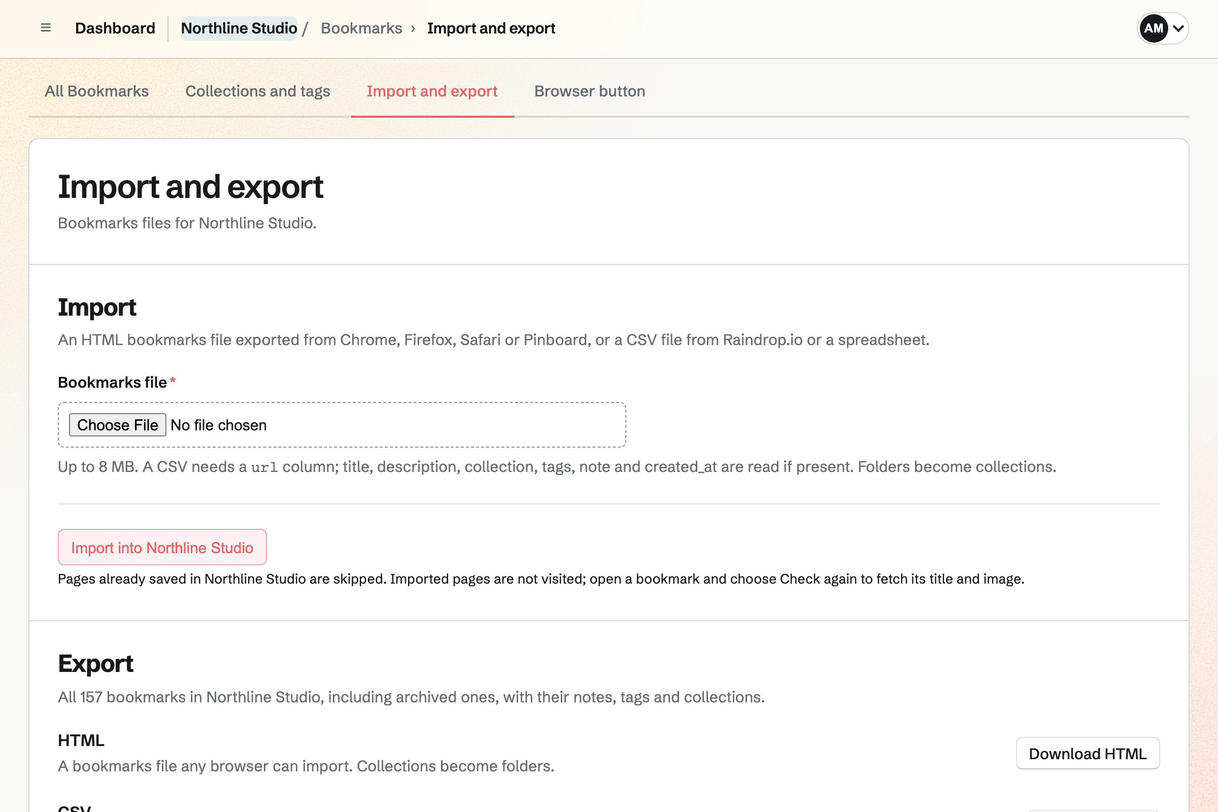Northline Studio’s Bookmarks import and export page: import a bookmarks file from Chrome, Firefox, Safari or Pinboard, or a CSV, and download all 157 bookmarks as HTML, CSV or JSON.