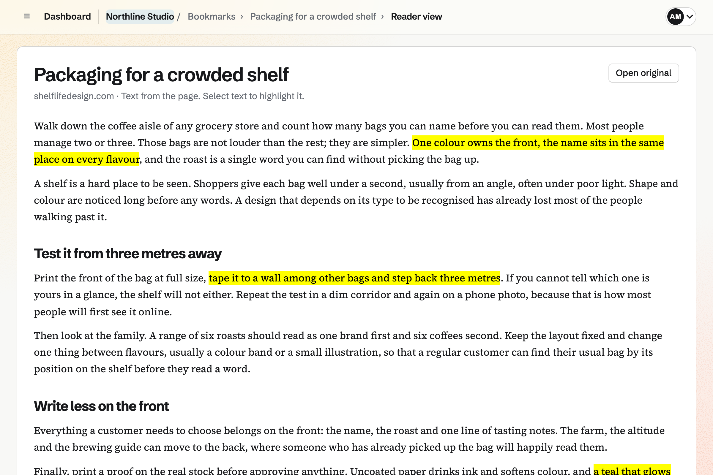 Reader view of “Packaging for a crowded shelf”, saved by Northline Studio, with passages highlighted in the article text.