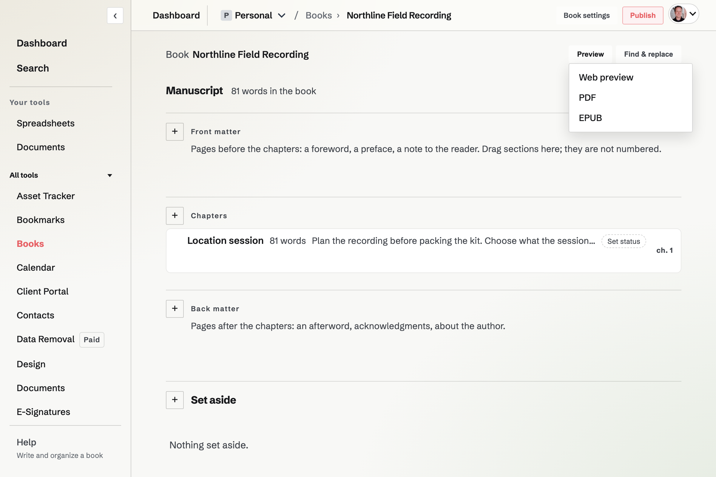 Book contents in List view, with manuscript groups, section statuses and the Preview menu open.