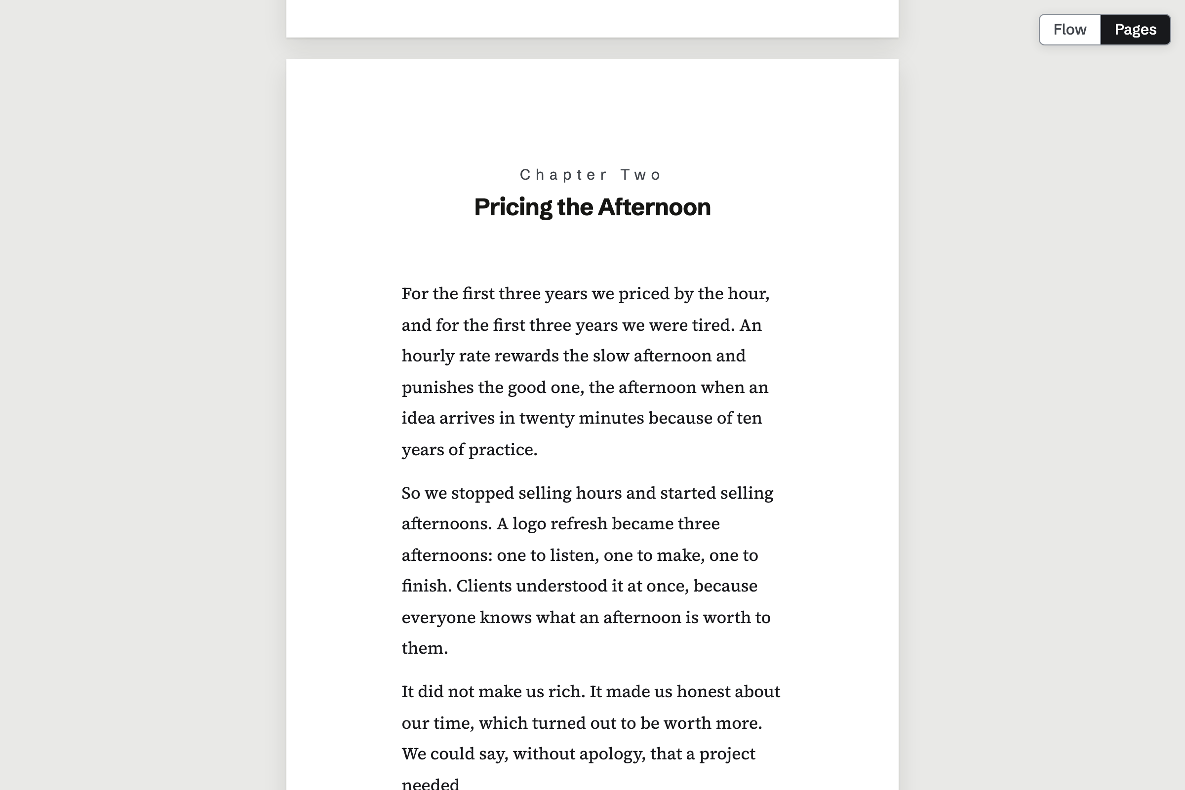 Alex Morgan’s fictional book Small Rooms, Long Light laid out as pages, opening Chapter Two, Pricing the Afternoon, in serif type with a page number.