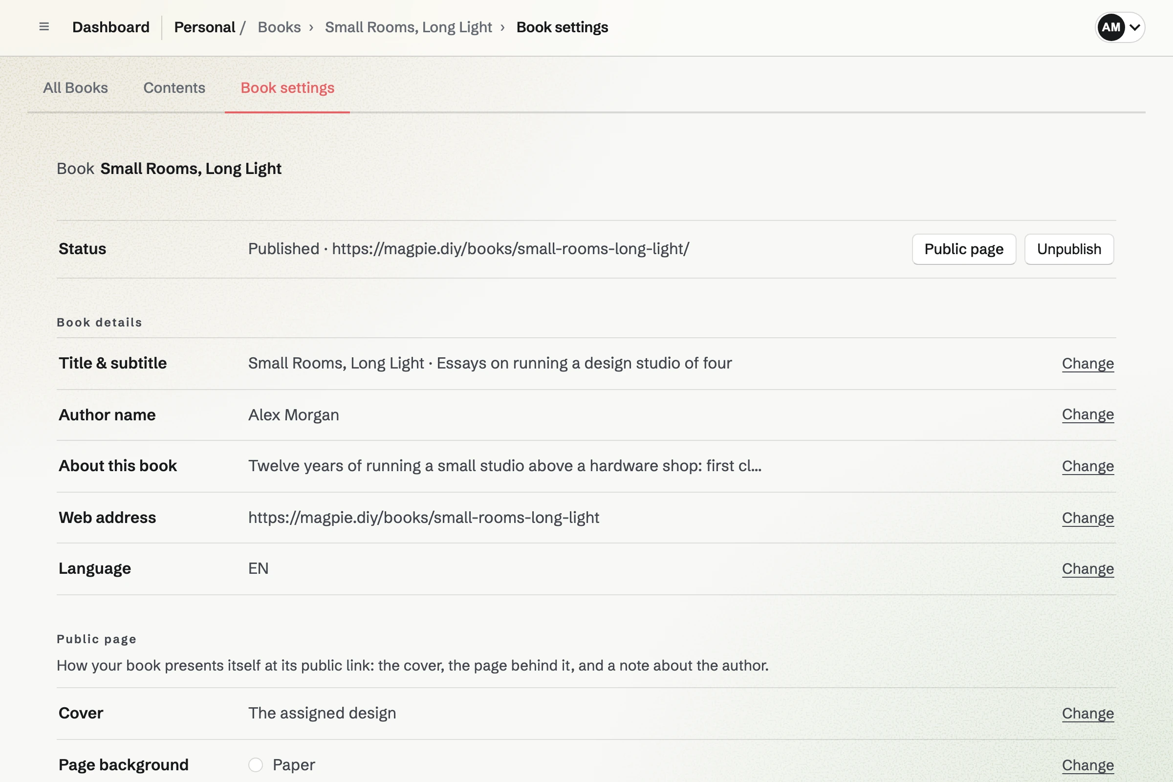 Book Settings for Alex Morgan’s fictional book Small Rooms, Long Light: published at its address, with its details, cover, page background and text settings.