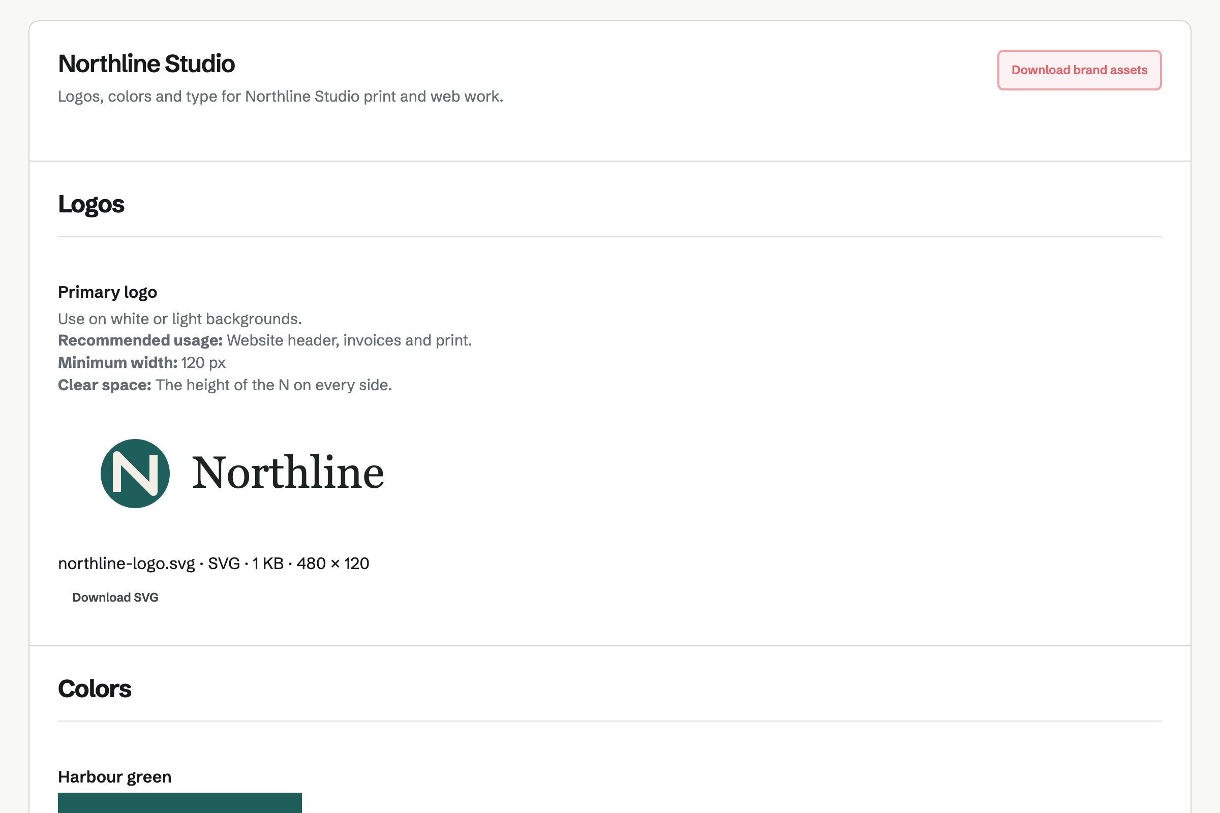 Shared Brand Kit page for a fictional studio with its logo, colors and typography.