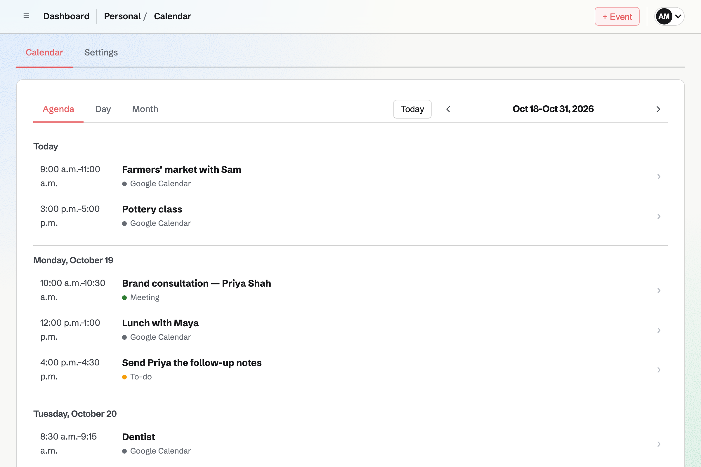 Alex Morgan’s Personal Calendar in Agenda view, with events from Google Calendar listed day by day among booked meetings, Personal events and To-dos.