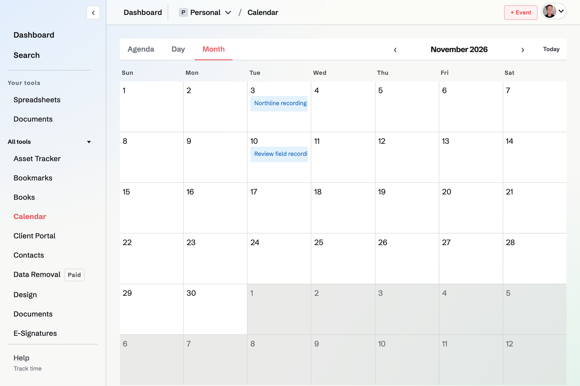 Calendar showing November 2026 in Month view on desktop and Agenda view on a phone.