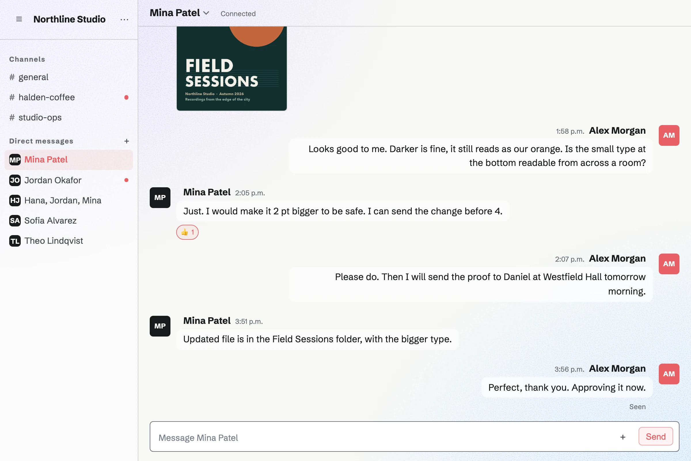 Alex Morgan’s direct message with Mina Patel at Northline Studio about a printed poster proof, with its picture, a reaction and “Seen”, beside the team’s channels and direct messages.