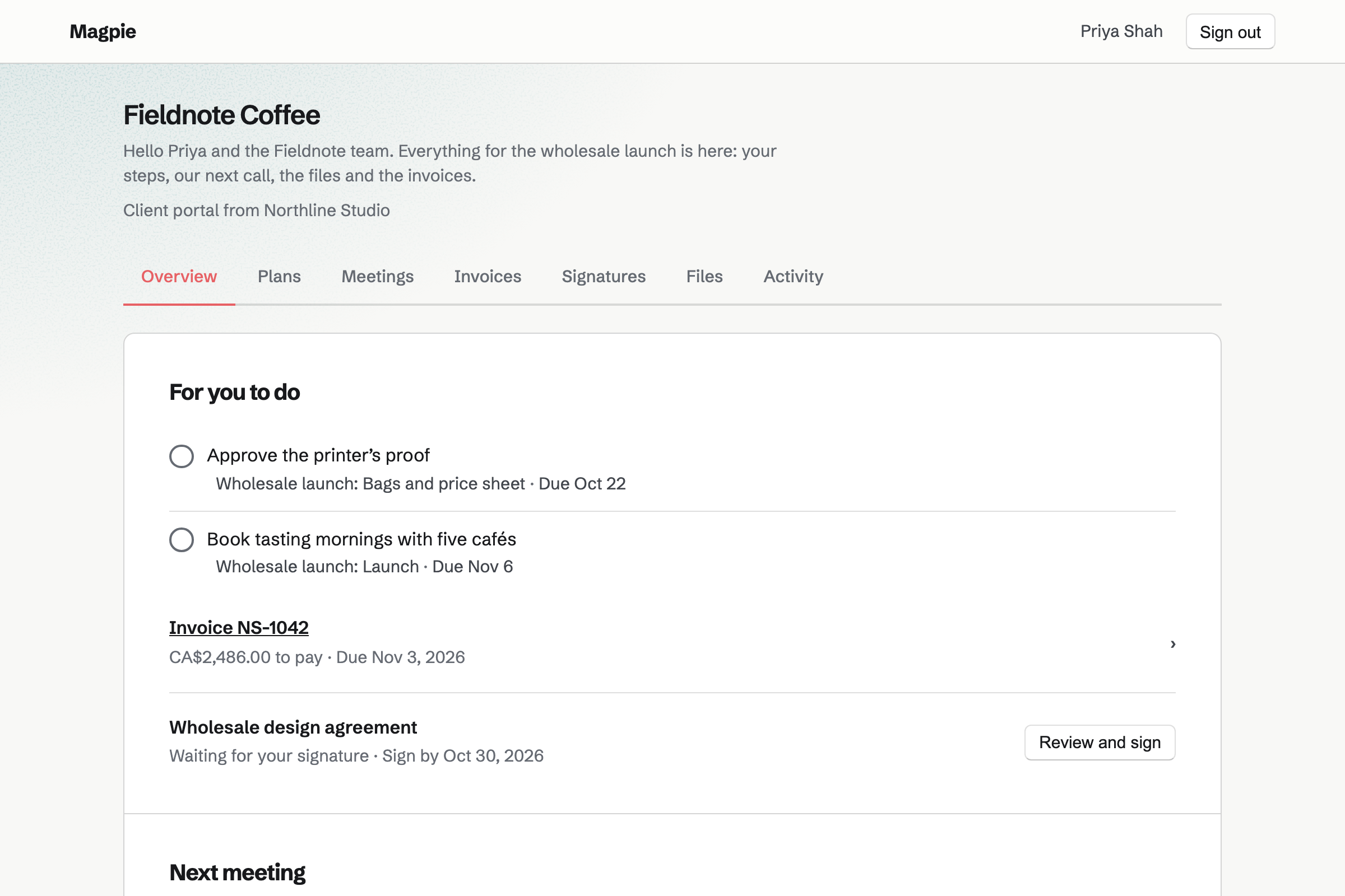 A fictional coffee roaster’s Client Portal from Northline Studio, as the client sees it: steps, an invoice and an agreement waiting for her, the next meeting and the shared plan.