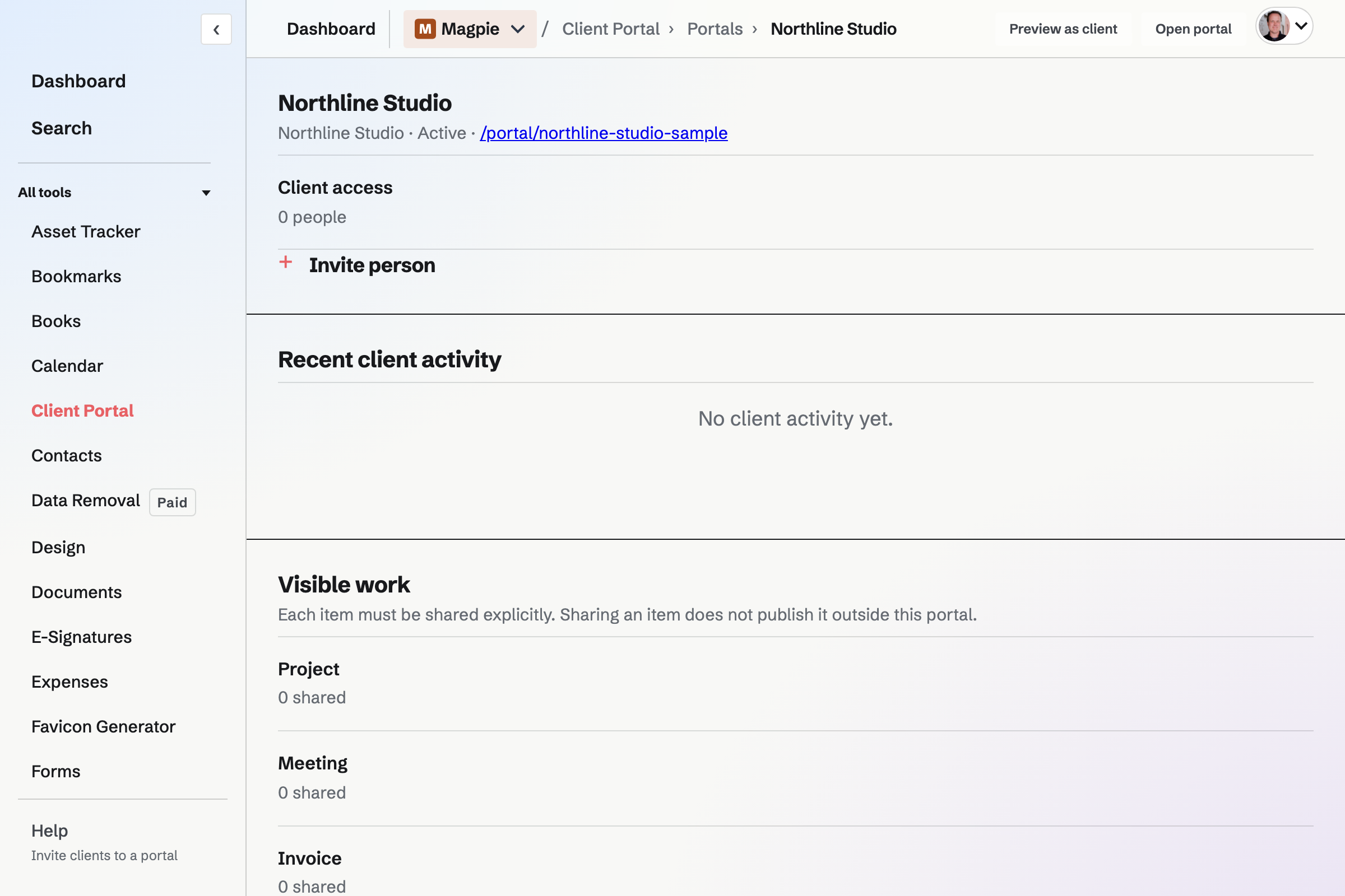 A client portal's management page with its sections, welcome message and client access.