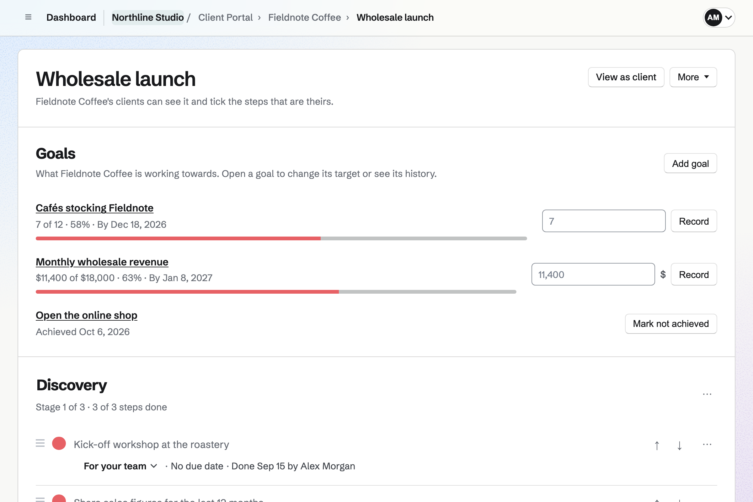 Northline Studio’s wholesale launch plan for a fictional coffee roaster: three goals with progress bars, then stages of steps for the team and the client, some ticked done.