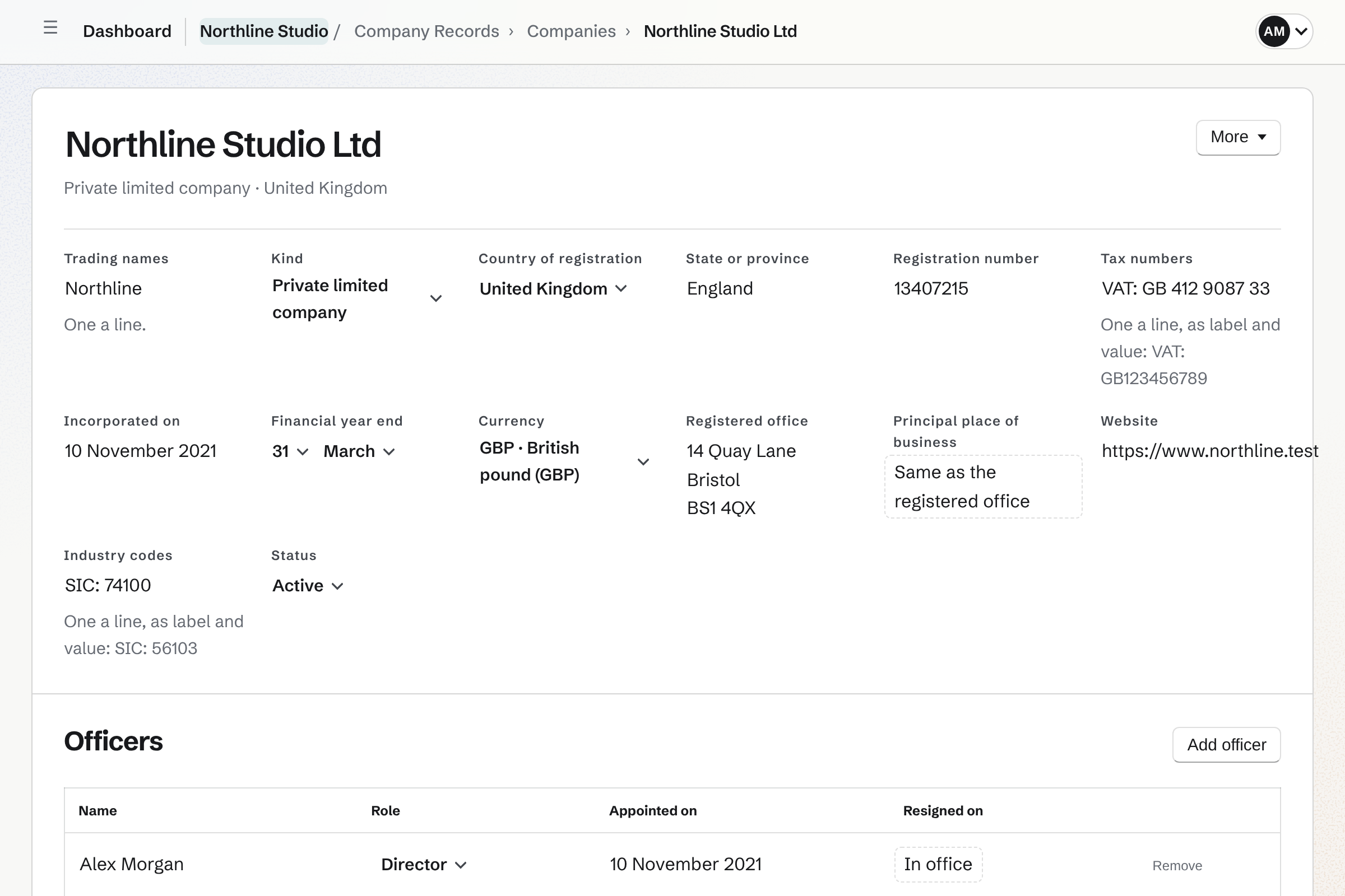 A company’s page in Company Records for a fictional design studio: its registered details, each edited where it is shown, and its officers with the day each was appointed.