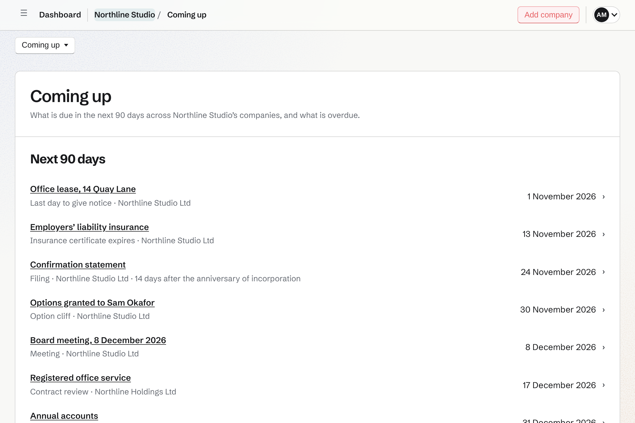 Coming up in Company Records for a fictional design studio: the next 90 days of filings, contract dates, an insurance expiry, an option cliff and a board meeting across two companies, each with the rule its date came from.