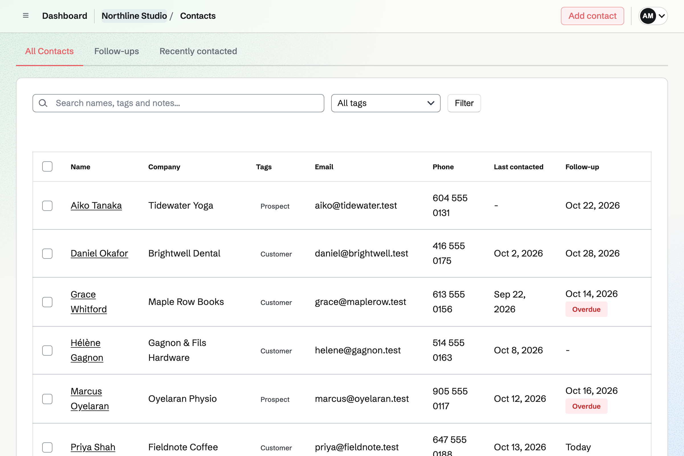 Northline Studio’s contact list: ten fictional customers, suppliers and prospects with their company, tags, email, phone, Last contacted date and next follow-up.