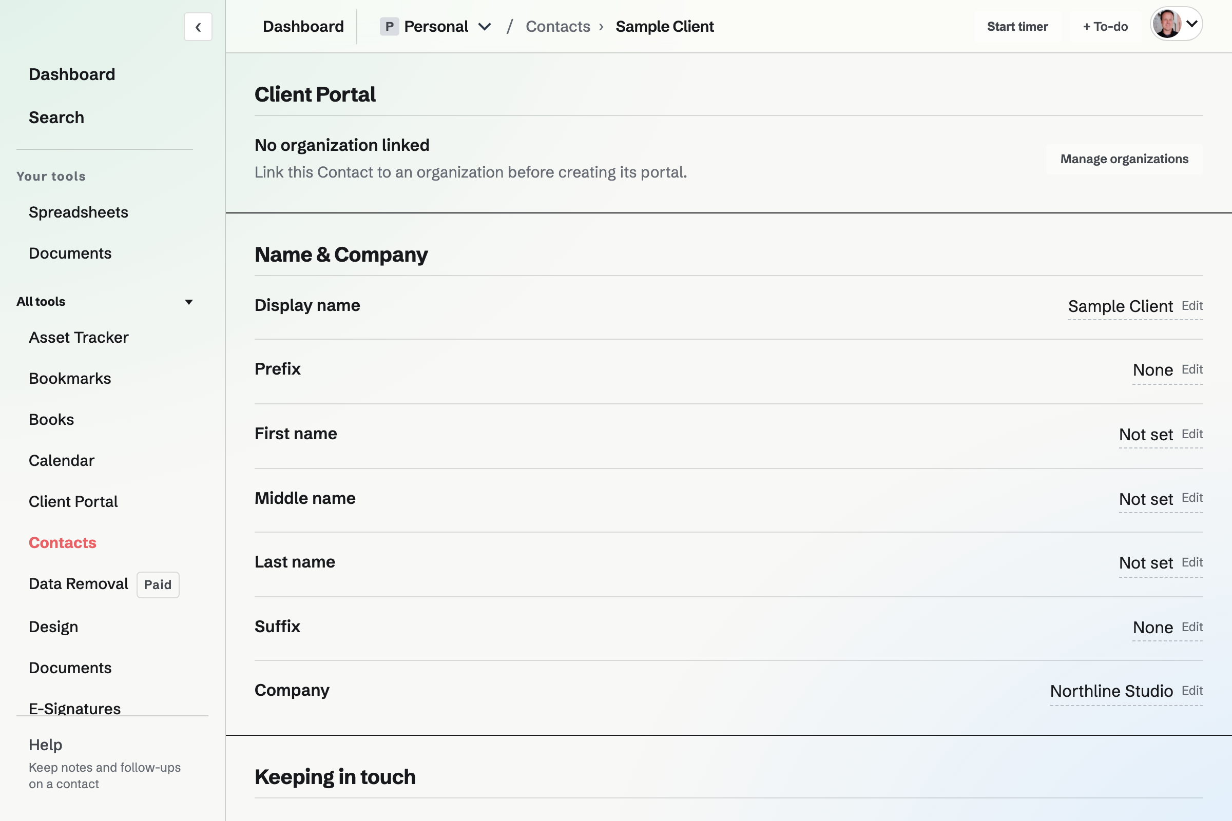 A Contact record showing its Client Portal link, name and company fields, each editable in place.
