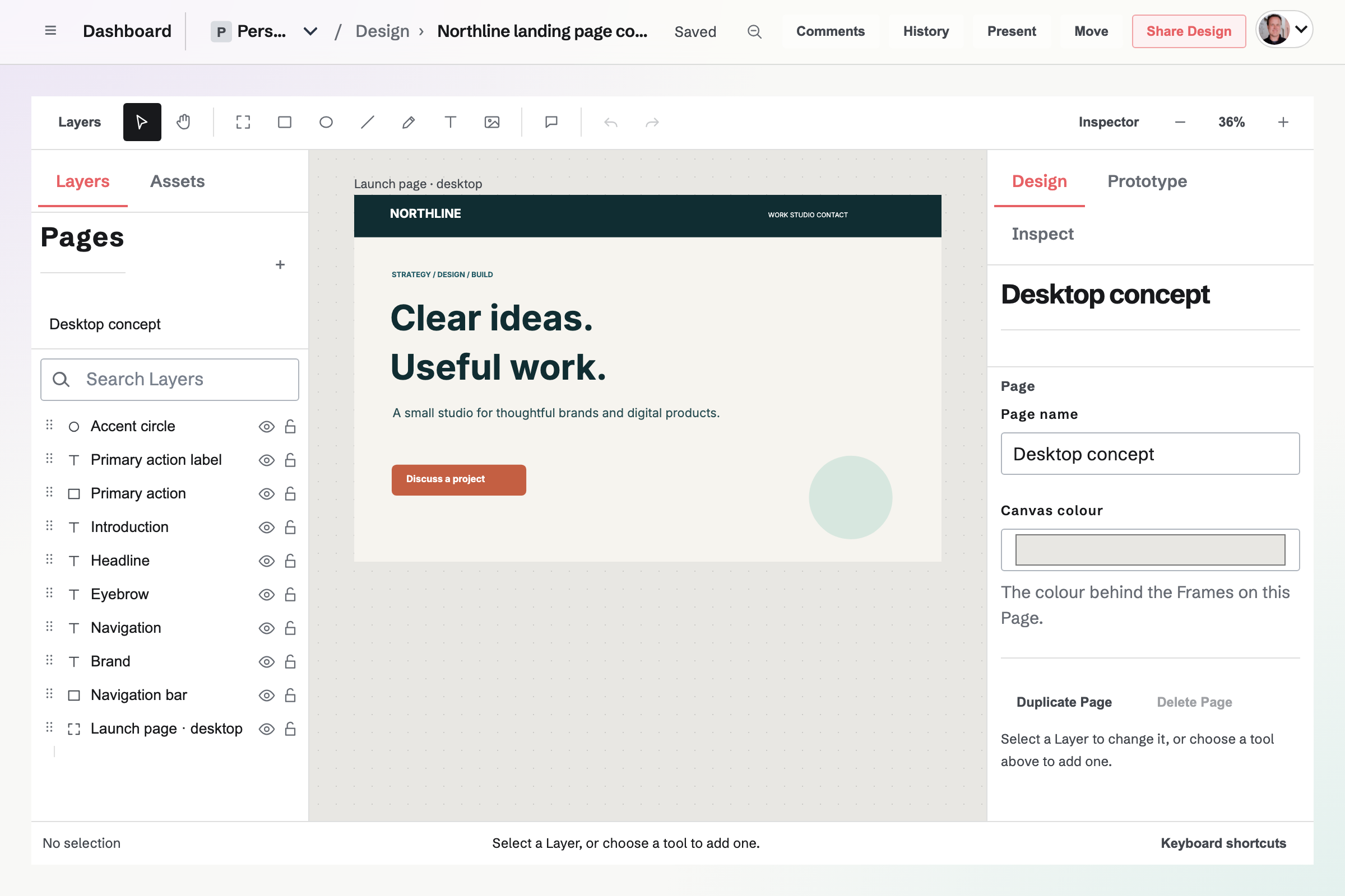 A Design file open on the canvas, with layers, the selected page and the properties panel.