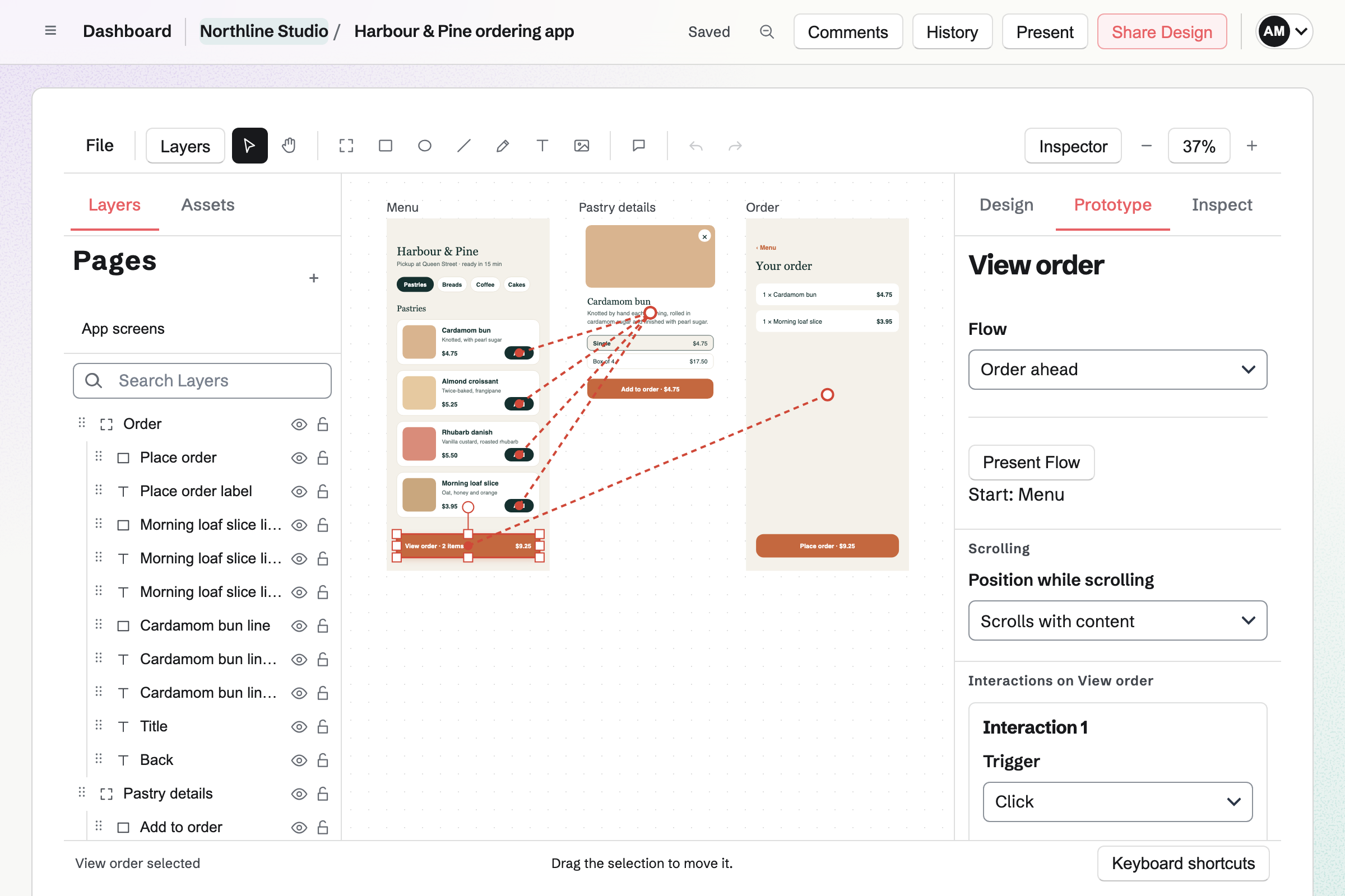 Northline Studio’s bakery ordering app in the Design editor’s Prototype mode, with links from each Add button to the pastry overlay and the selected order bar’s link to the Order frame.