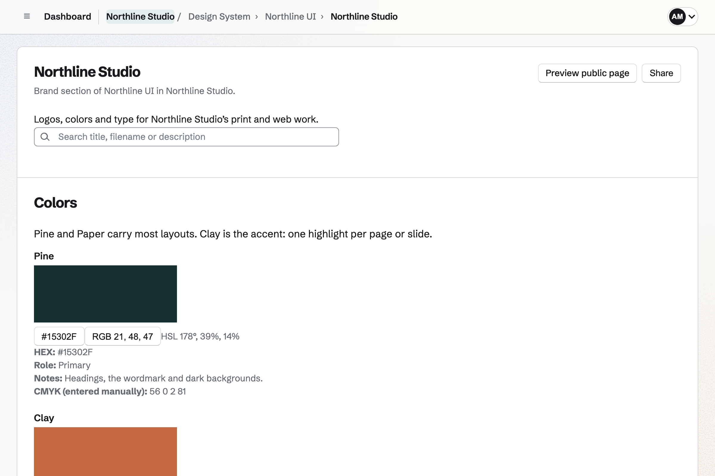 Brand section of Northline Studio’s Design System, with guidance on using its colors and the Pine and Clay swatches with their HEX, RGB, HSL and CMYK values.