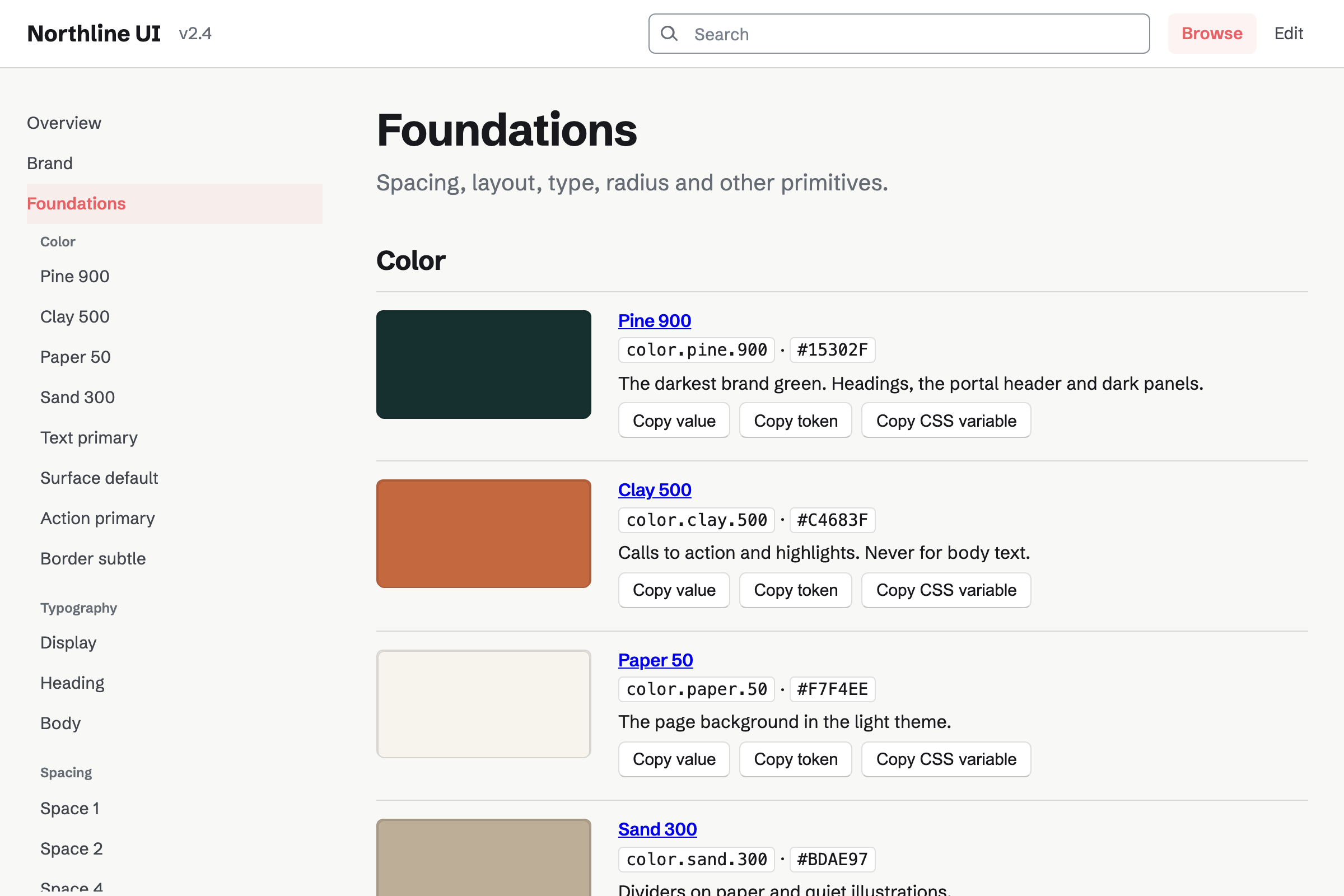 Northline Studio’s Northline UI documentation site open on Foundations, with color tokens drawn as swatches beside their names, values and copy buttons.
