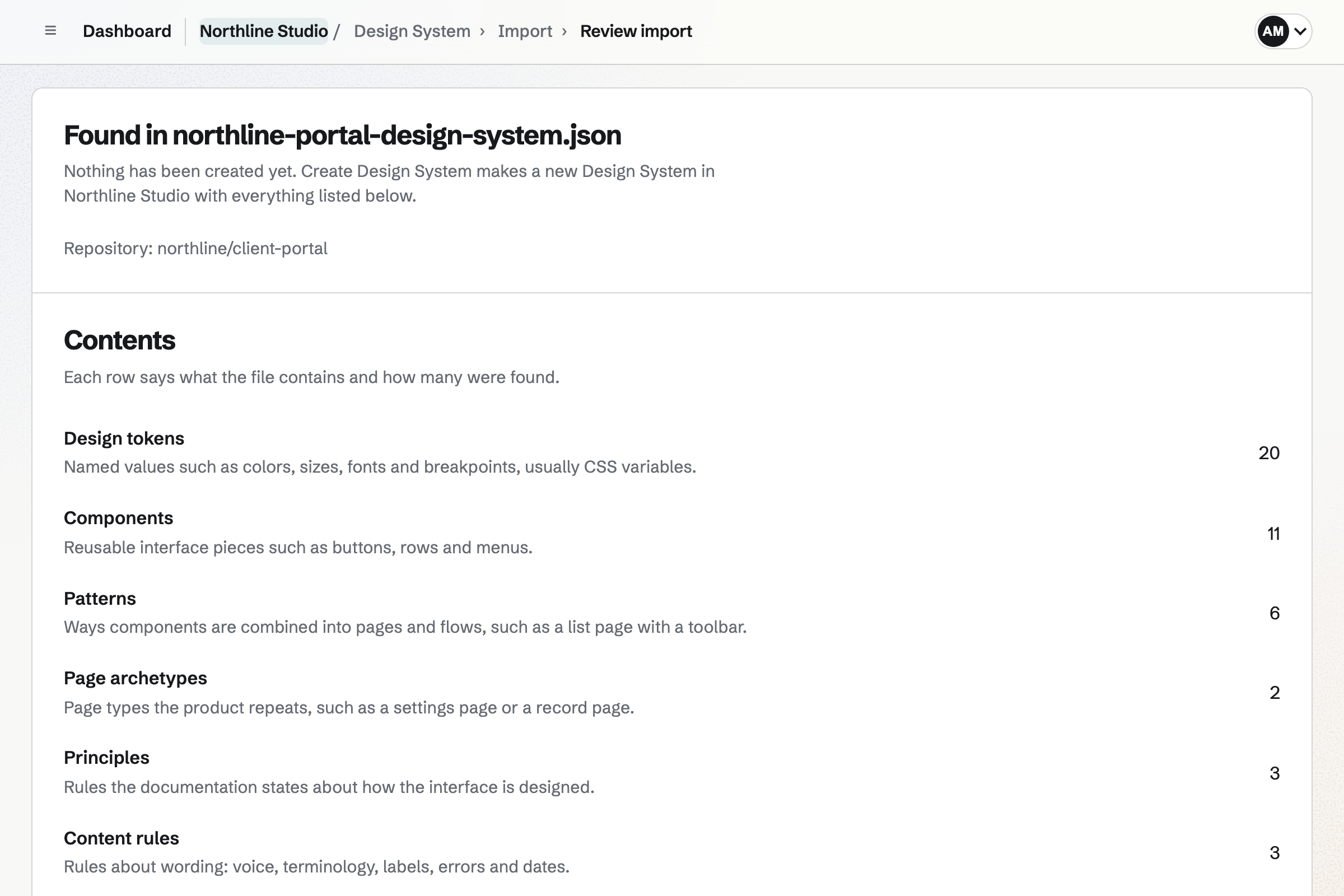 Review of a file a coding assistant wrote from Northline Studio’s client-portal repository, counting the tokens, components, patterns and rules it found before the Design System is created.