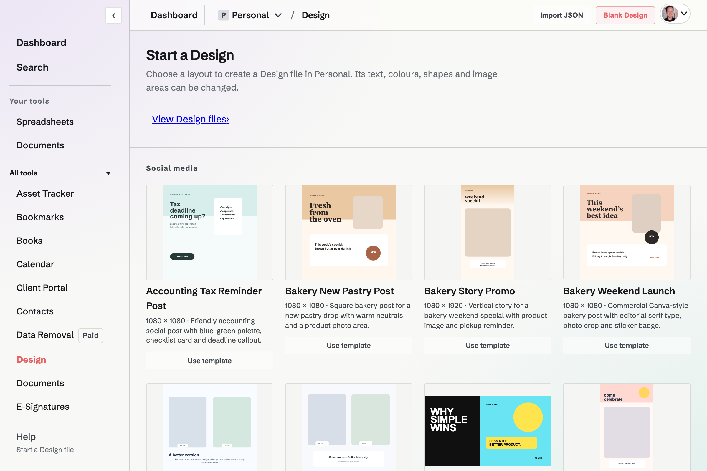 Start a Design, with templates grouped by use and their sizes.