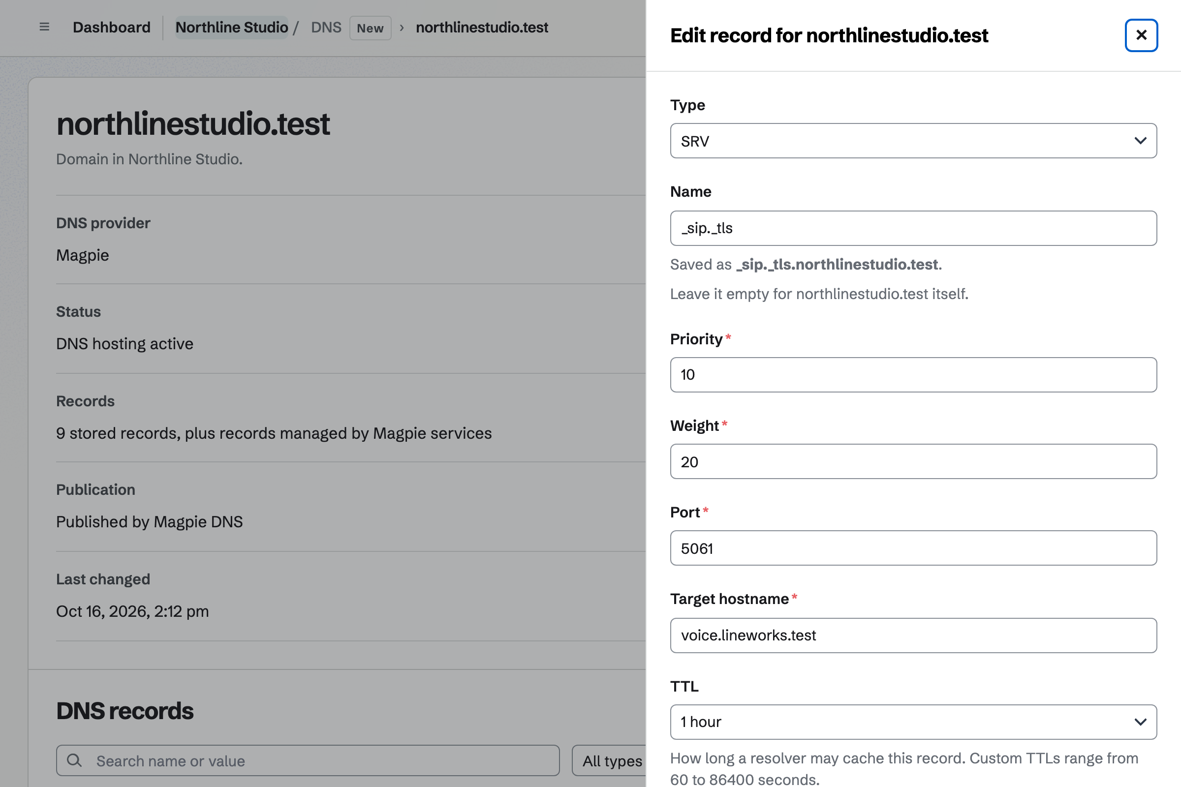 Record details for an SRV record on Northline Studio’s northlinestudio.test, hosted by Magpie: its name, priority, weight, port, target hostname and TTL as separate fields.