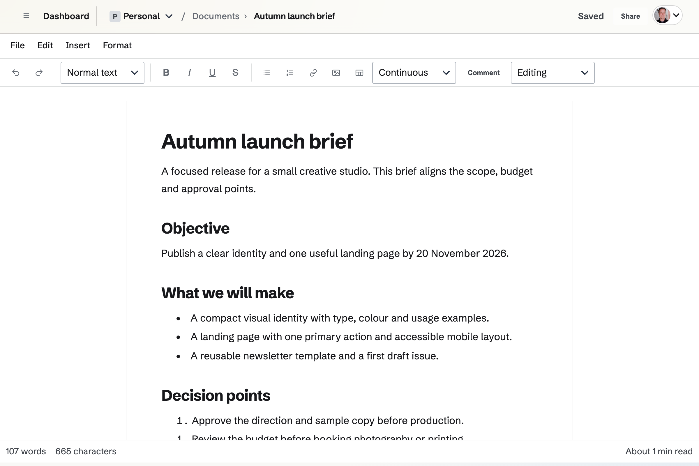 A brief open in the Documents editor, with the File, Edit, Insert and Format menus and the formatting toolbar.