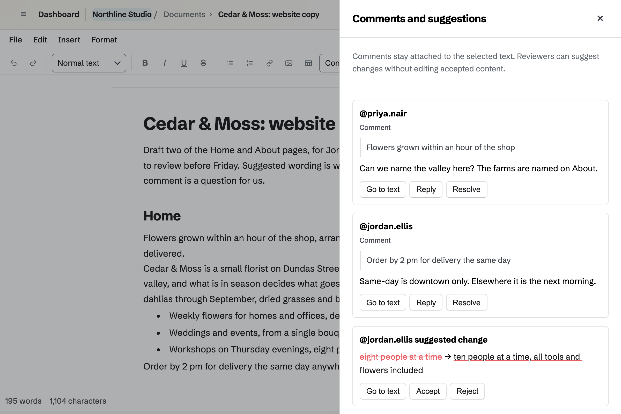 Northline Studio’s website copy for Cedar & Moss under review: its Comments and suggestions panel lists comments from a teammate and the client, and the client’s wording to accept or reject.