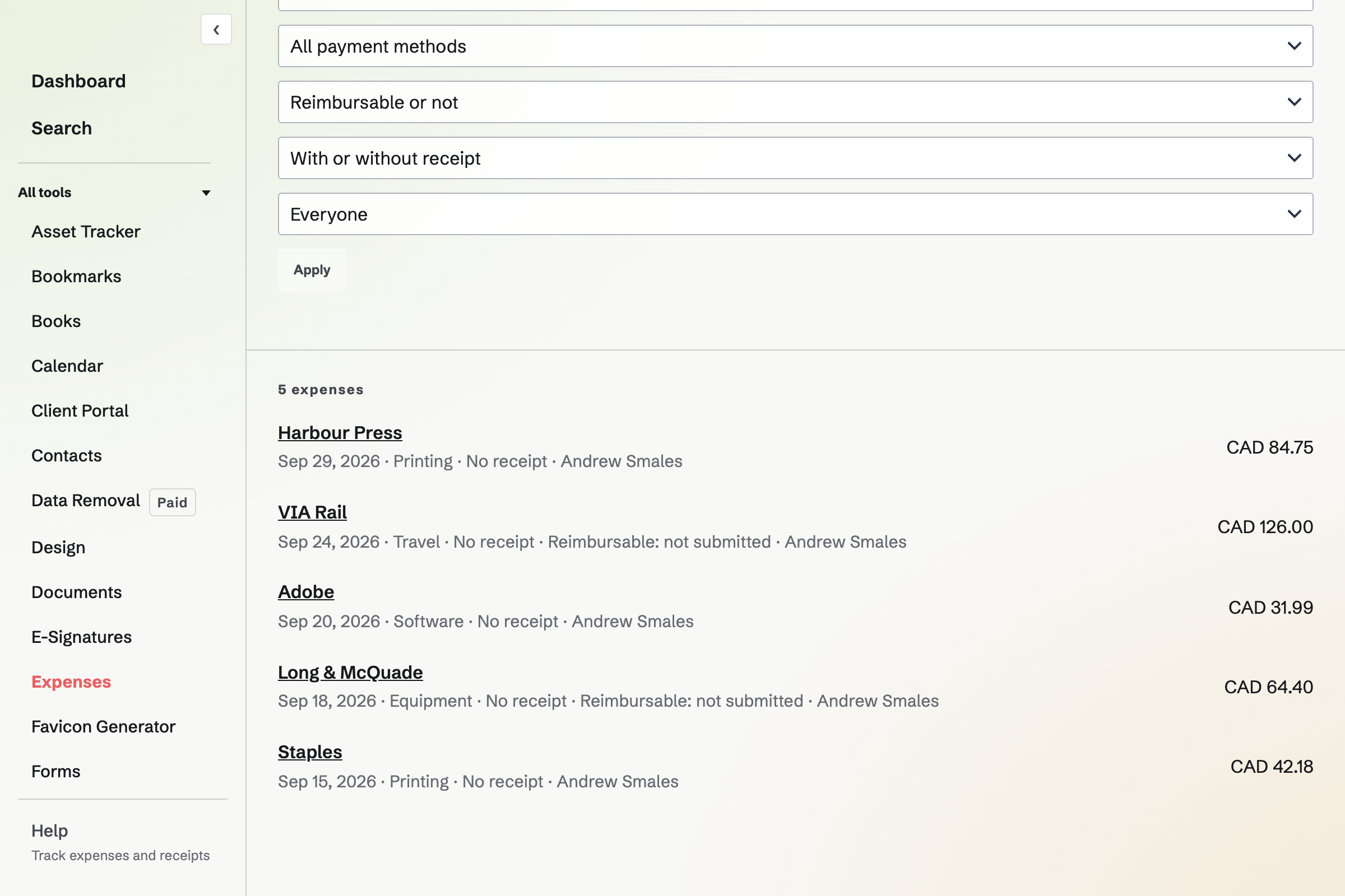 All Expenses with the filters and a list of expenses, each with its merchant, date, category and amount.