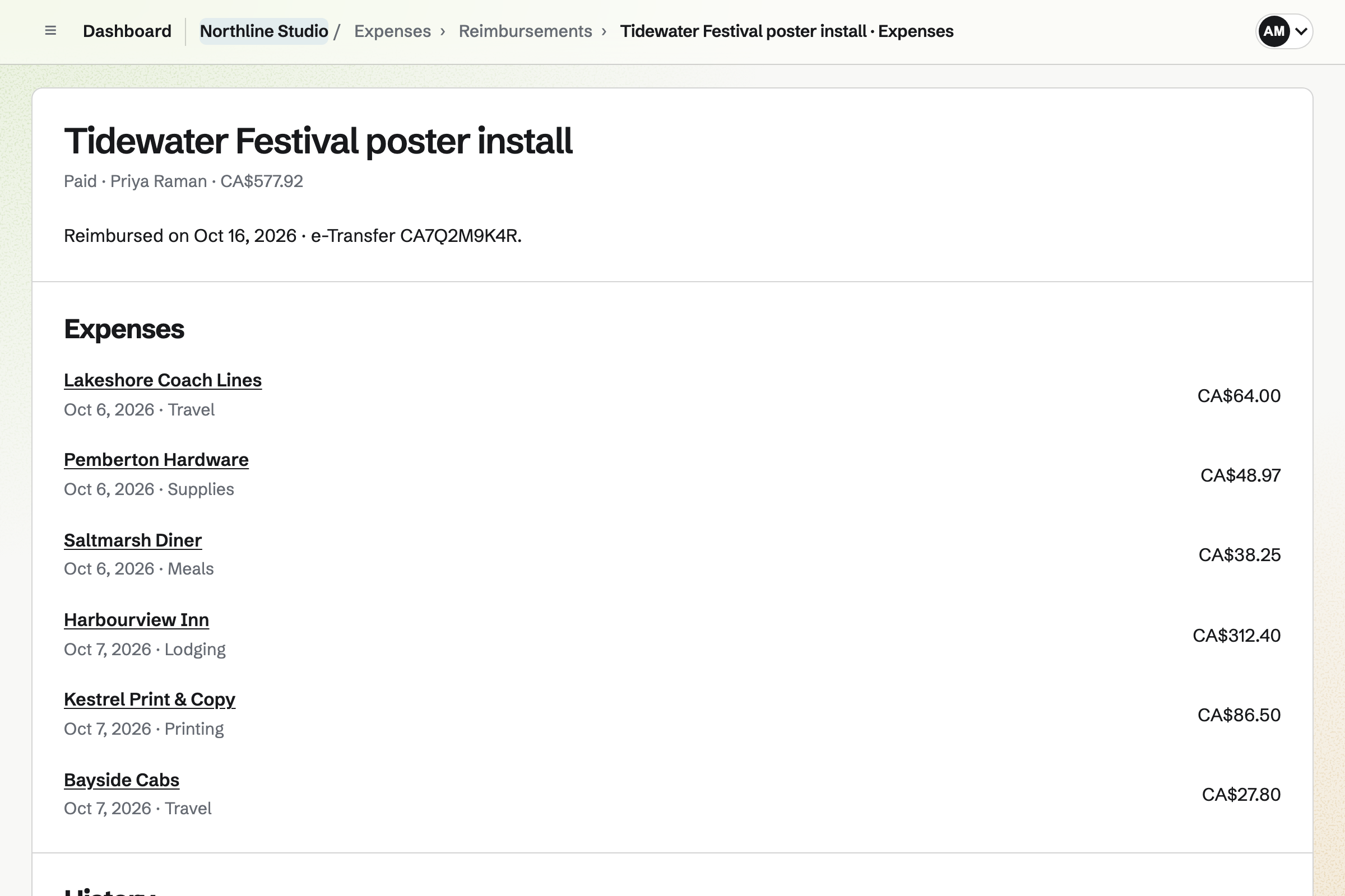 Northline Studio’s expense report for Priya Raman’s Tidewater Festival poster install, reimbursed by e-Transfer: six expenses totalling CA$577.92.