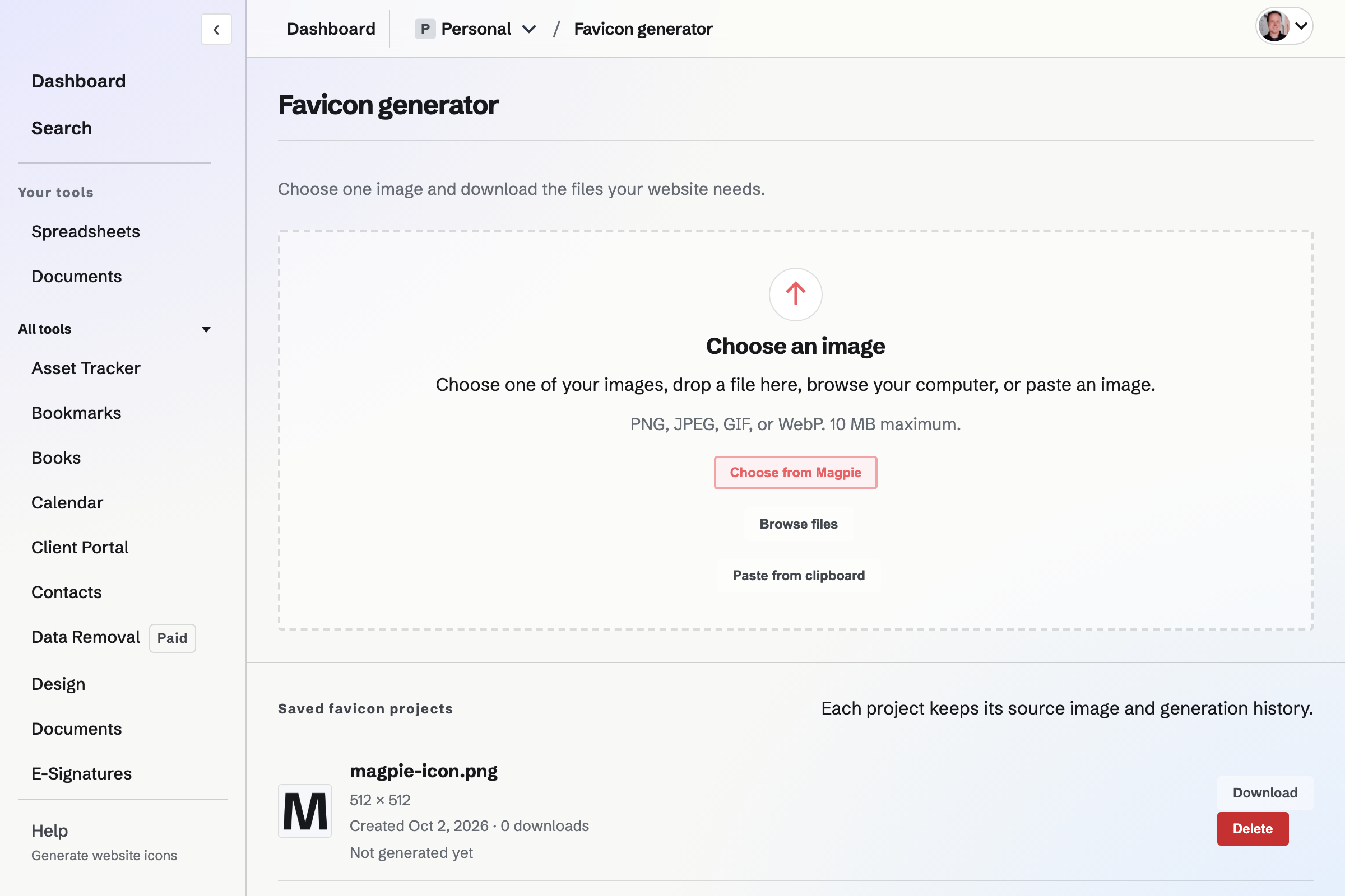 Favicon Generator with the image chooser and a saved favicon project.