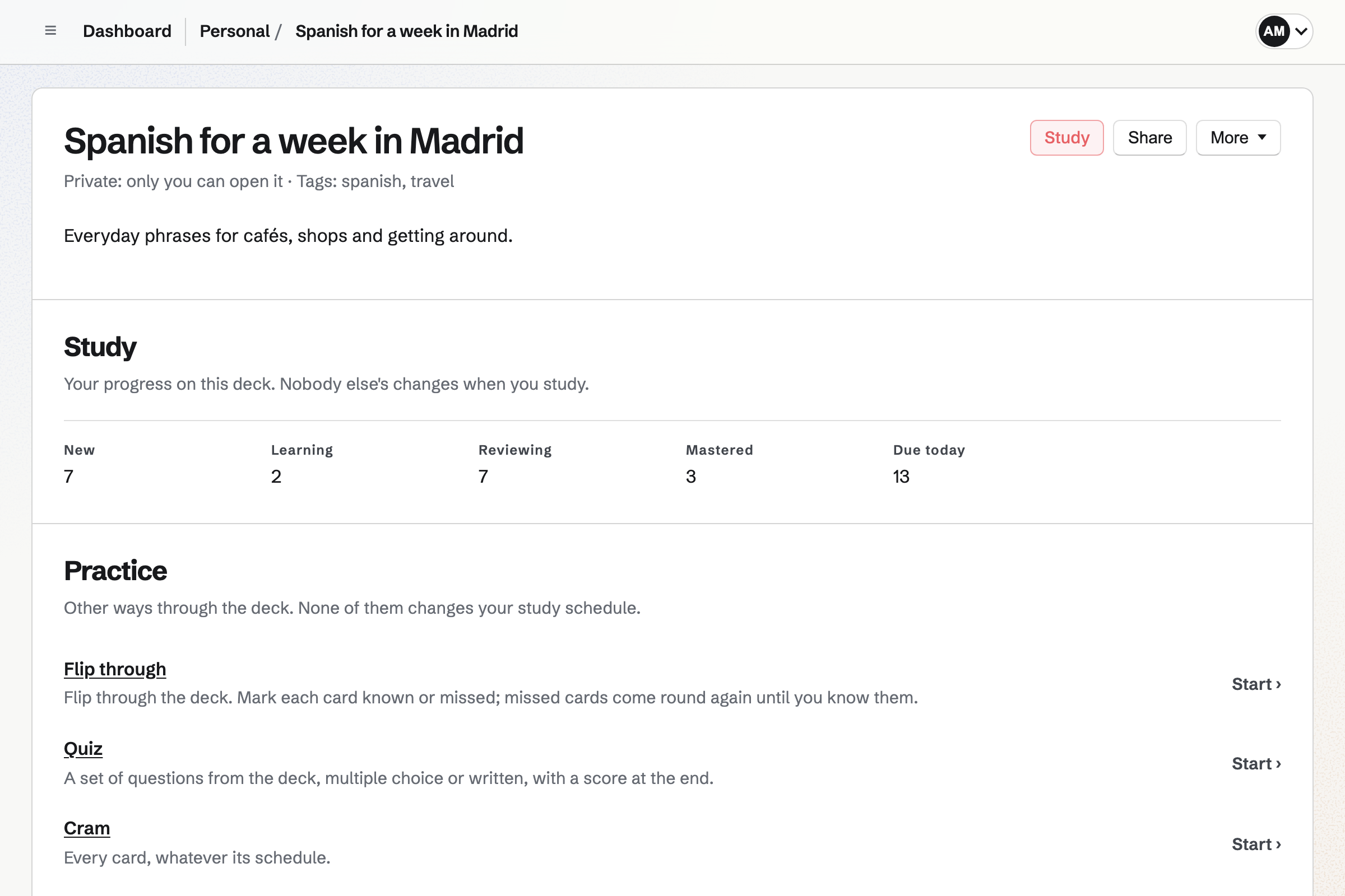 The page for the deck Spanish for a week in Madrid, with a Study button beside its name and counts of new, learning, reviewing, mastered and due cards.