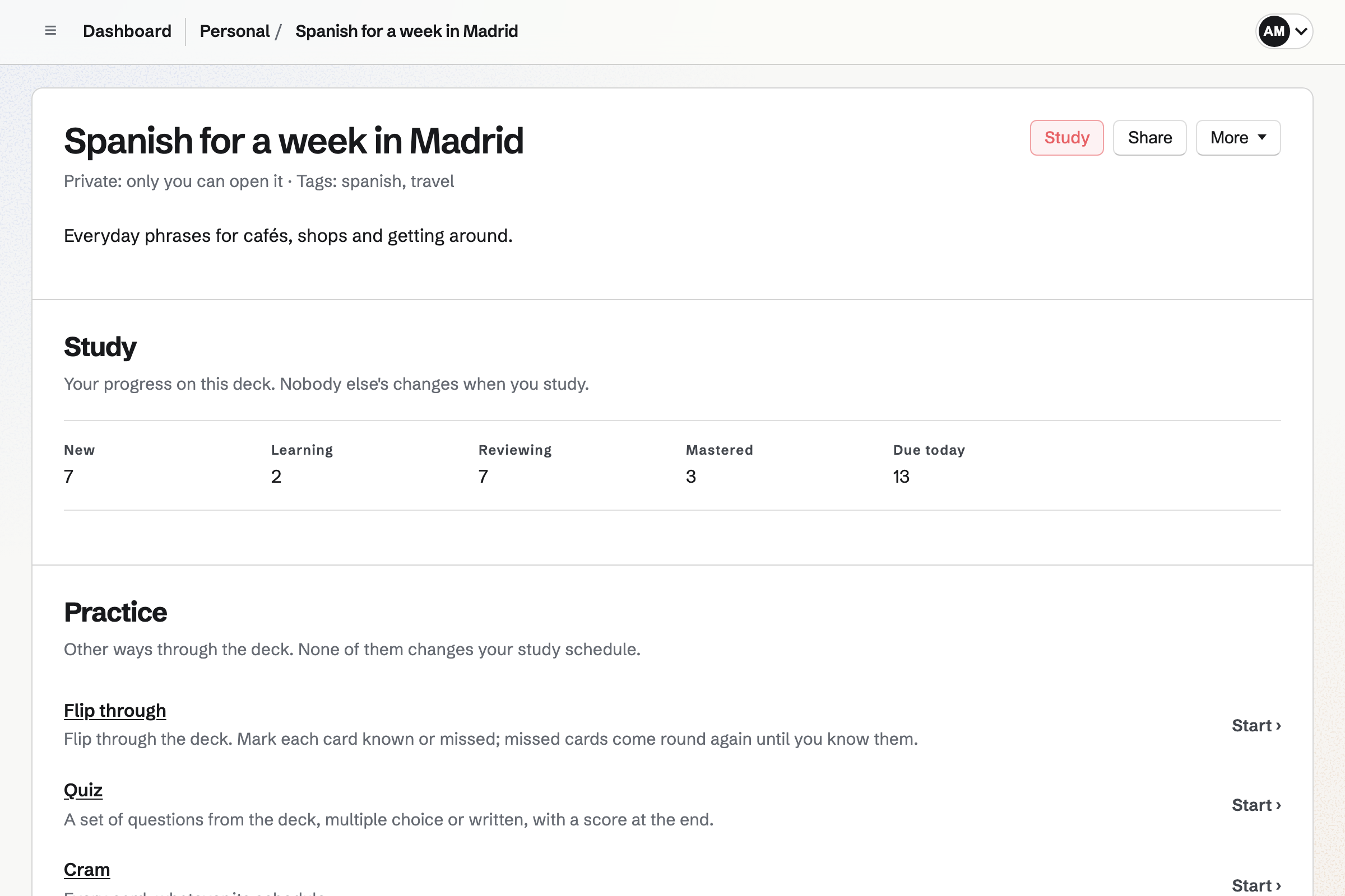 The page for the deck Spanish for a week in Madrid, with a Study button beside its name and counts of new, learning, reviewing, mastered and due cards.