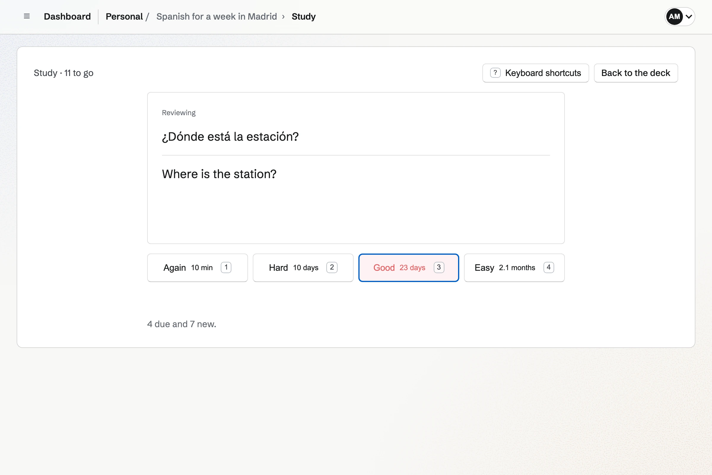 A Study session on the deck Spanish for a week in Madrid, with the card ¿Dónde está la estación? turned to show Where is the station?, and the buttons Again, Hard, Good and Easy, each with when the card comes back.