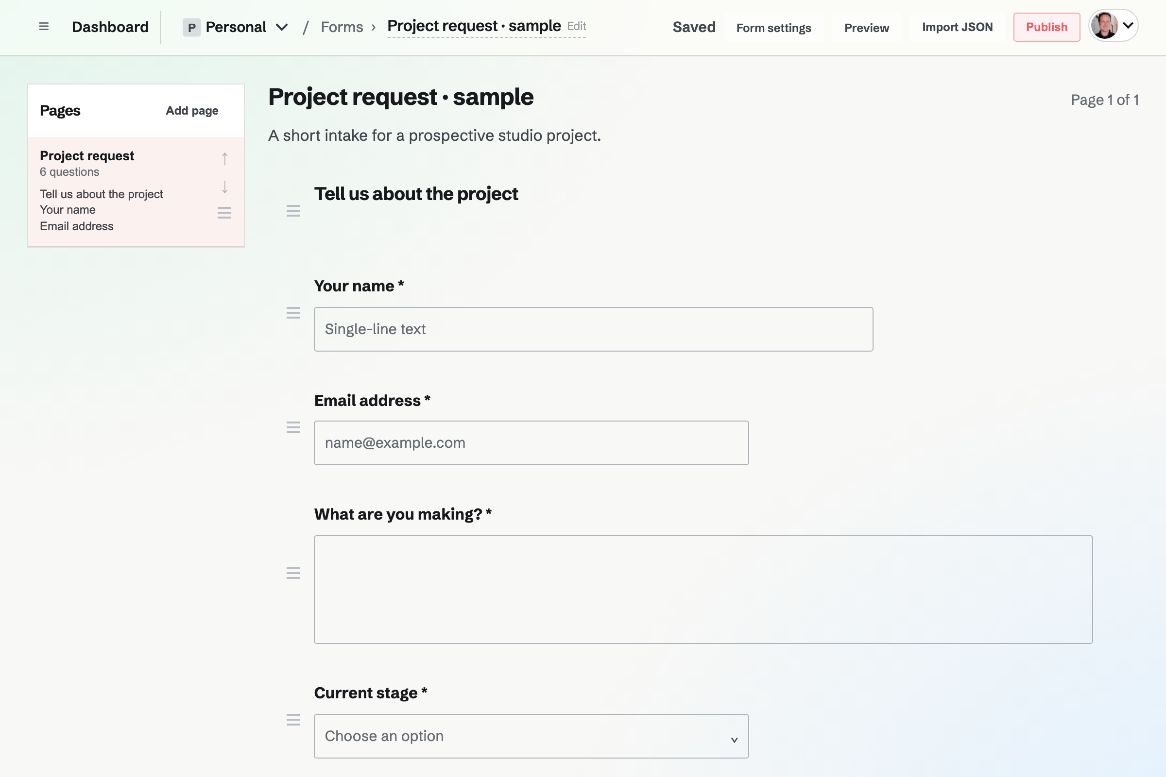 The Form builder showing a heading, a name question and an email question with reorder controls.