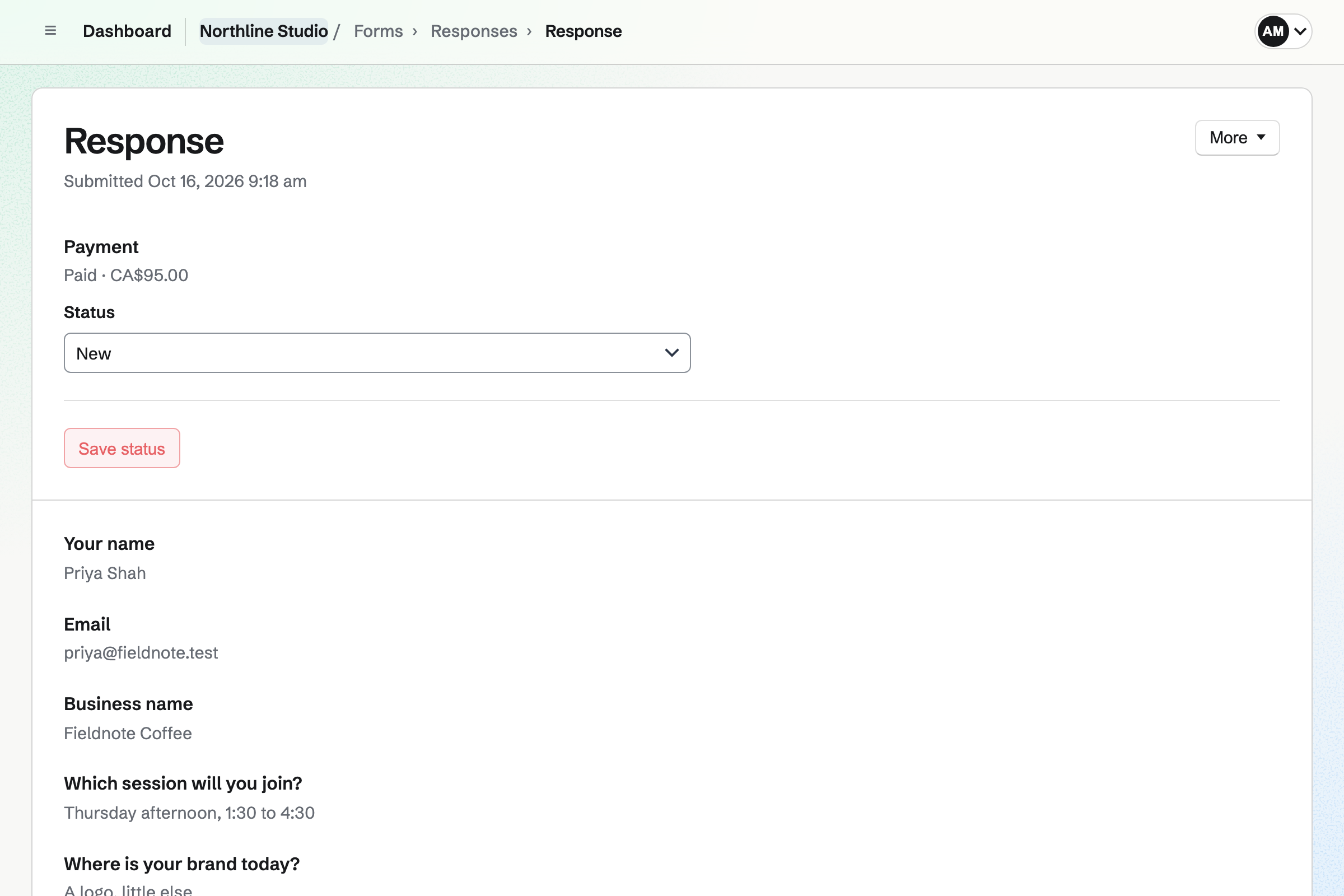 A registration for Northline Studio’s paid Brand workshop Form, paid CA$95.00, waiting for review, with Priya Shah’s answers about her session and her café’s brand.