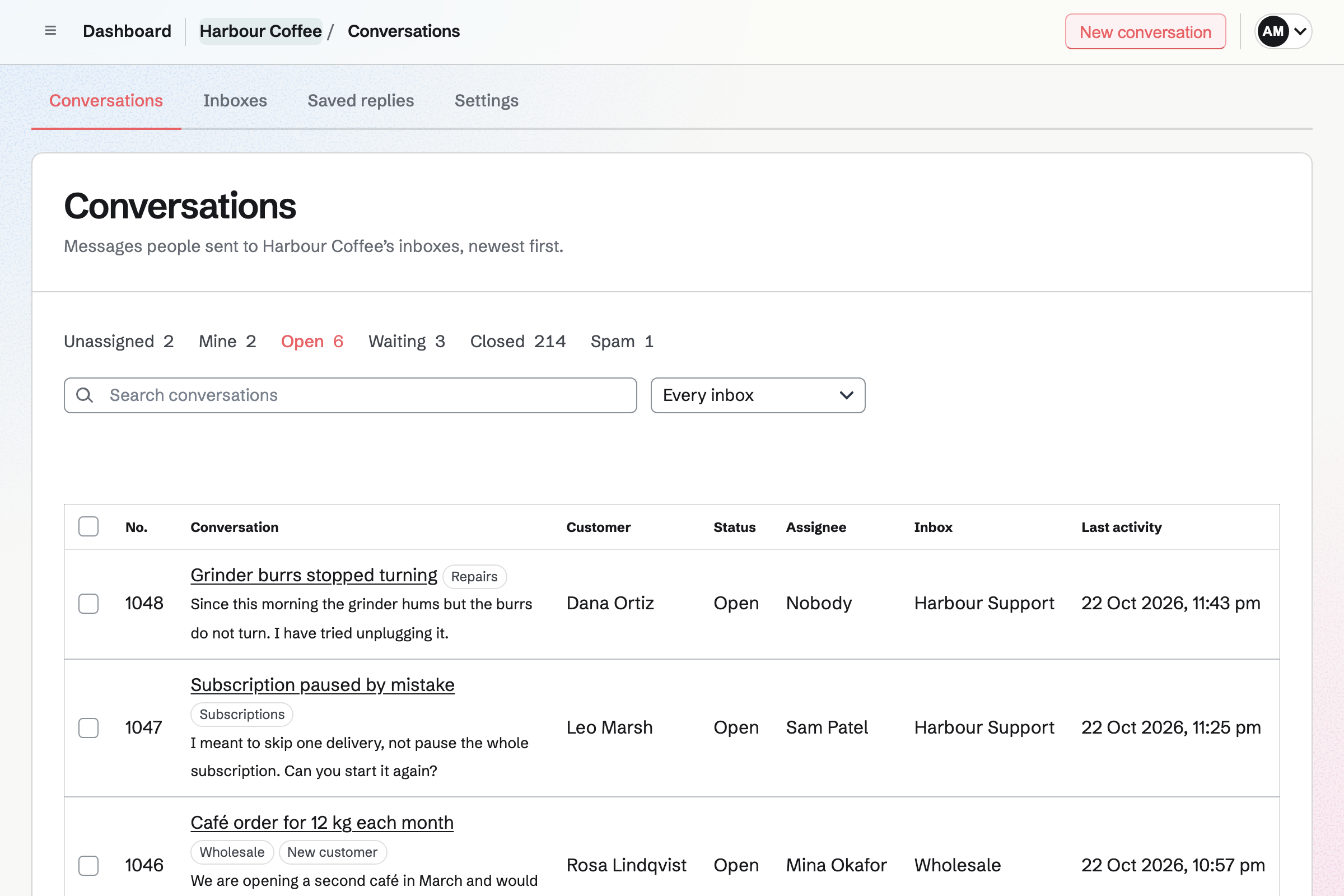 Helpdesk conversations list for a fictional coffee roastery, with open conversations, their customers, assignees and tags.