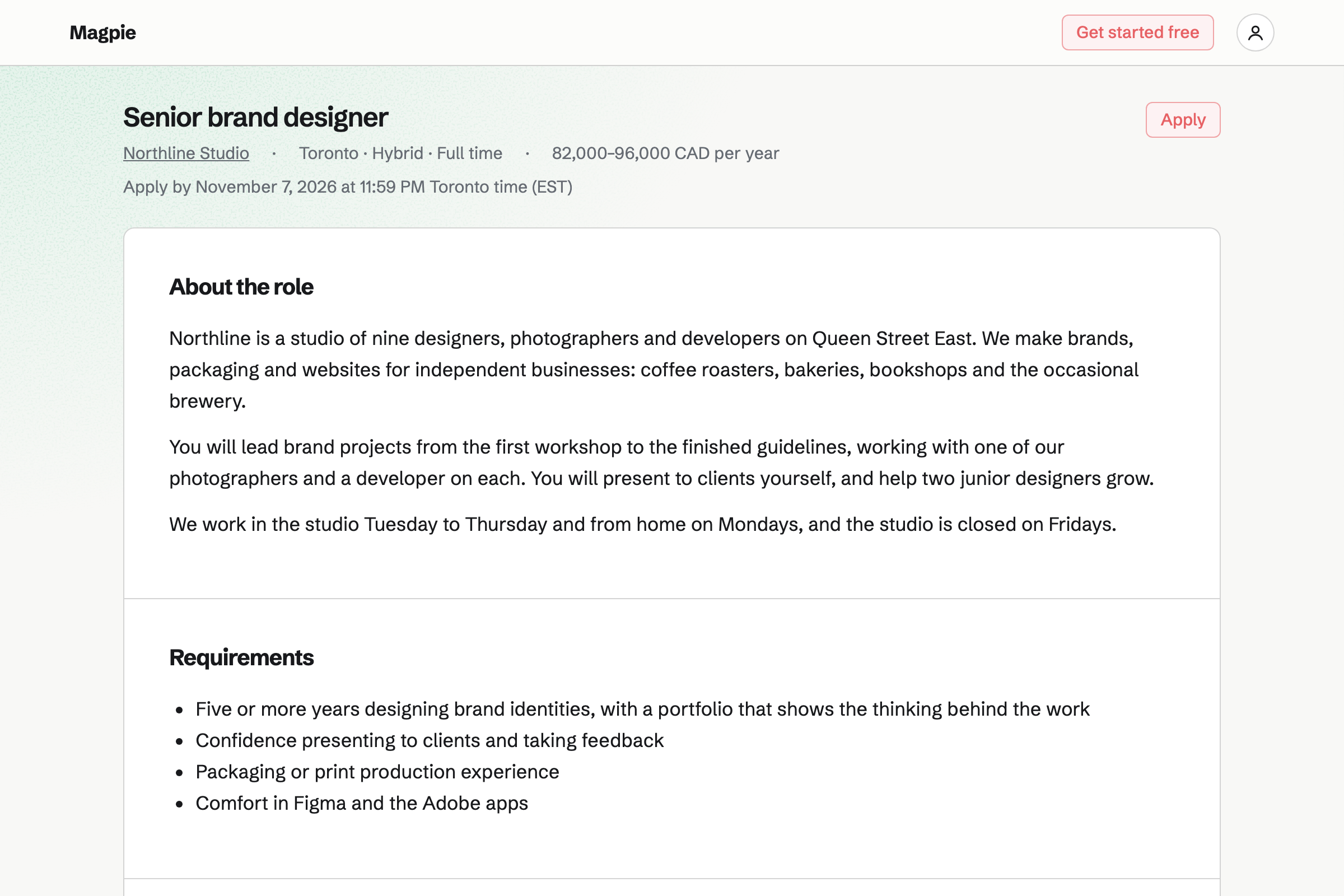 Northline Studio’s public page for a Senior brand designer job: Toronto, hybrid, full time, 82,000–96,000 CAD a year, the closing date and Apply, then About the role.