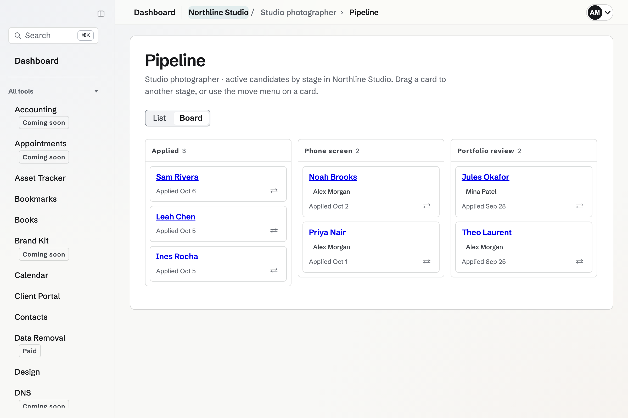 Hiring pipeline board for a fictional studio photographer job, with candidates in three stages and their reviewers.