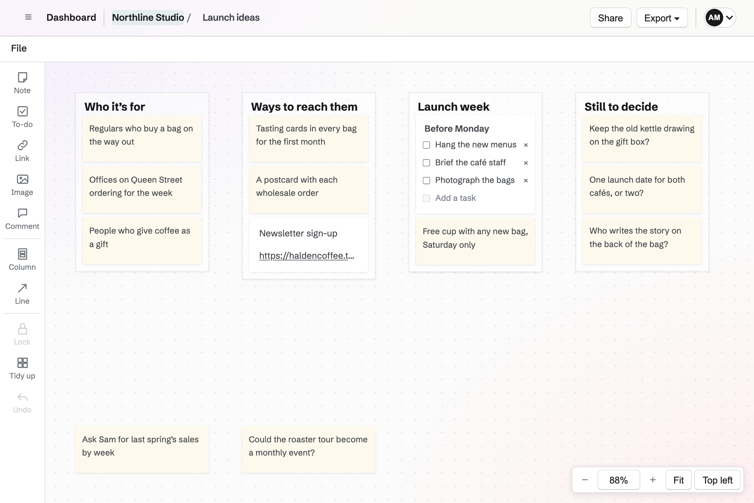 Northline Studio’s Idea Board of a client’s spring launch ideas, made from a JSON document: four columns of notes, a to-do and a link, with loose notes in a row below.