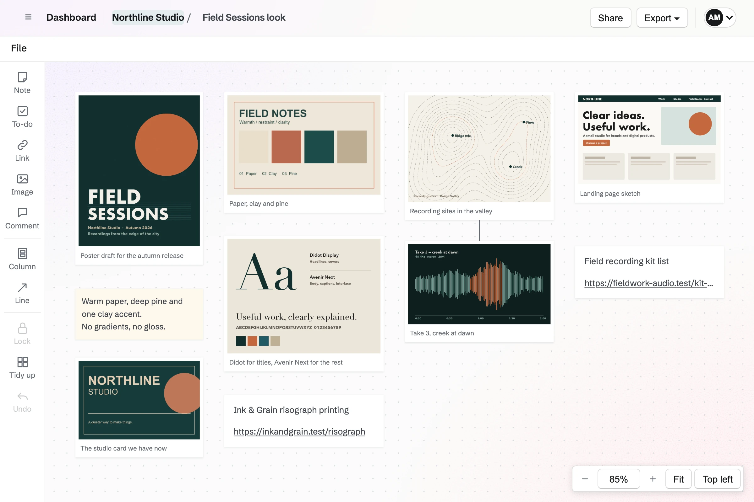 Northline Studio’s Idea Board for the look of an album: a poster draft, colour palette, type pairing, site map, waveform and page sketch with captions, beside two links.